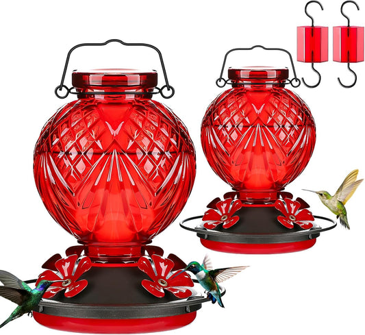 Glass Hummingbird Feeder for Outdoors Hanging, 20oz Bird Nectar Feeder with 4 Bee Guard Flower-Shaped Feeding Ports & Built-in Ant Moat, Easy to Clean, for Bird Lover,2 Pack,Red