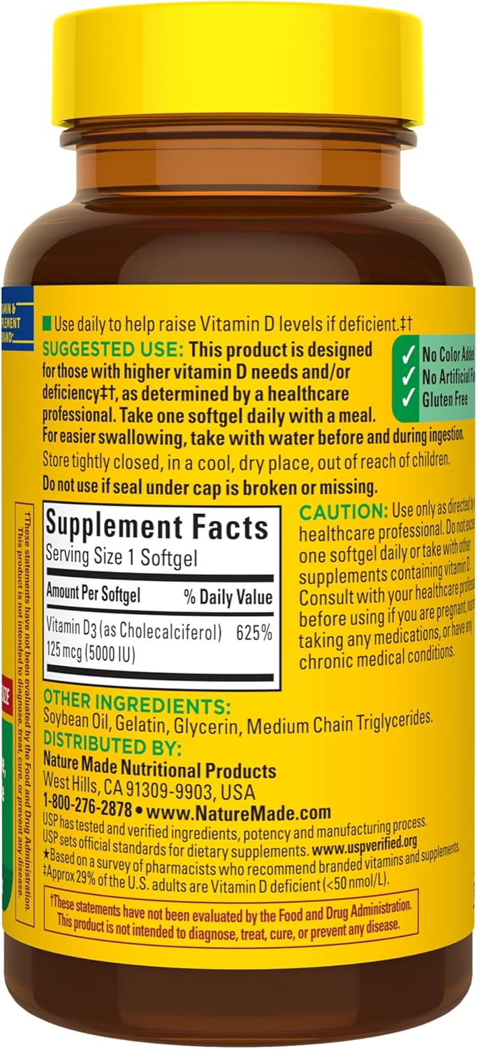 Nature Made Vitamin D3 5000 IU (125 mcg) Softgels, Extra Strength Vita