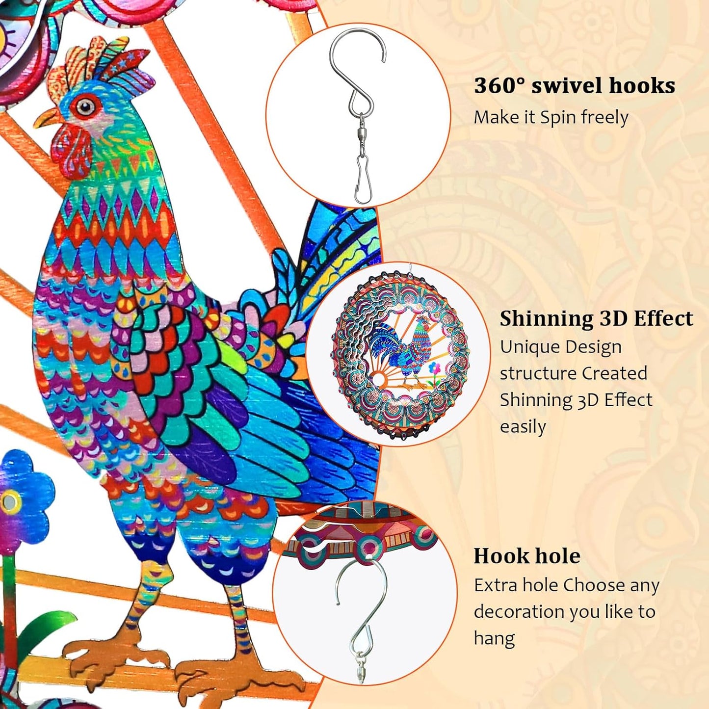 Rooster Kinetic Wind Spinner - 12-Inch 3D Holographic Metal Hanging Sc