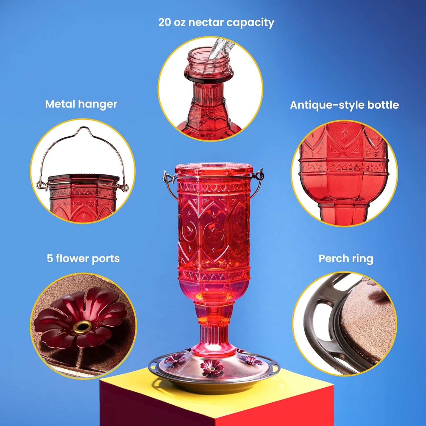 More Birds Red Jewel Hummingbird Feeder, Glass Bottle, 5 Feeding Ports and 20-Ounce Nectar Capacity (76IN)