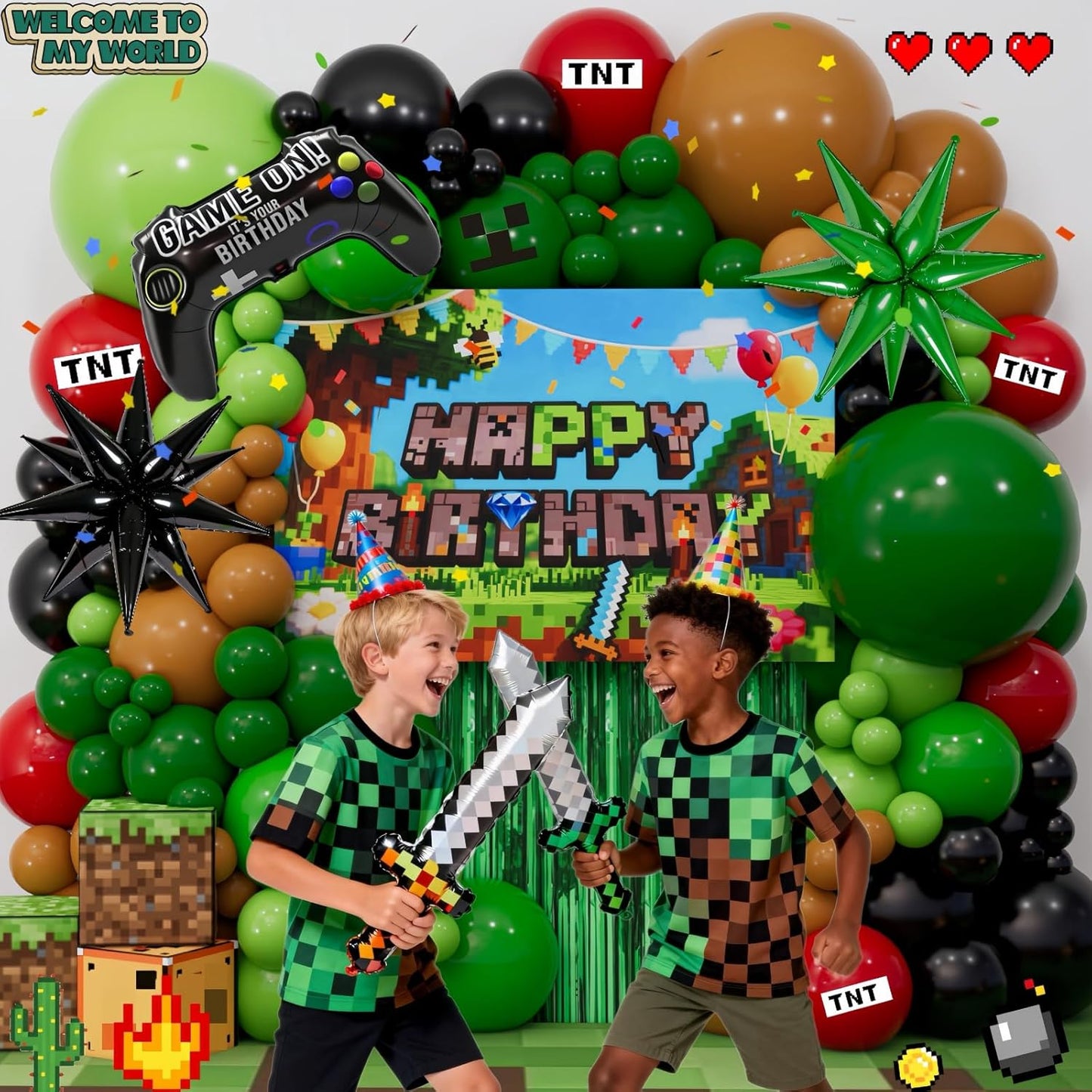 Pixel Gamer Birthday Decorations for Boys– All in One Party Decor Kit with Authentic Biome Colors (Cocoa Brown, Jungle Green, Black) – Includes TNT & Controller Foil Balloons, Backdrop, and Tablecloth