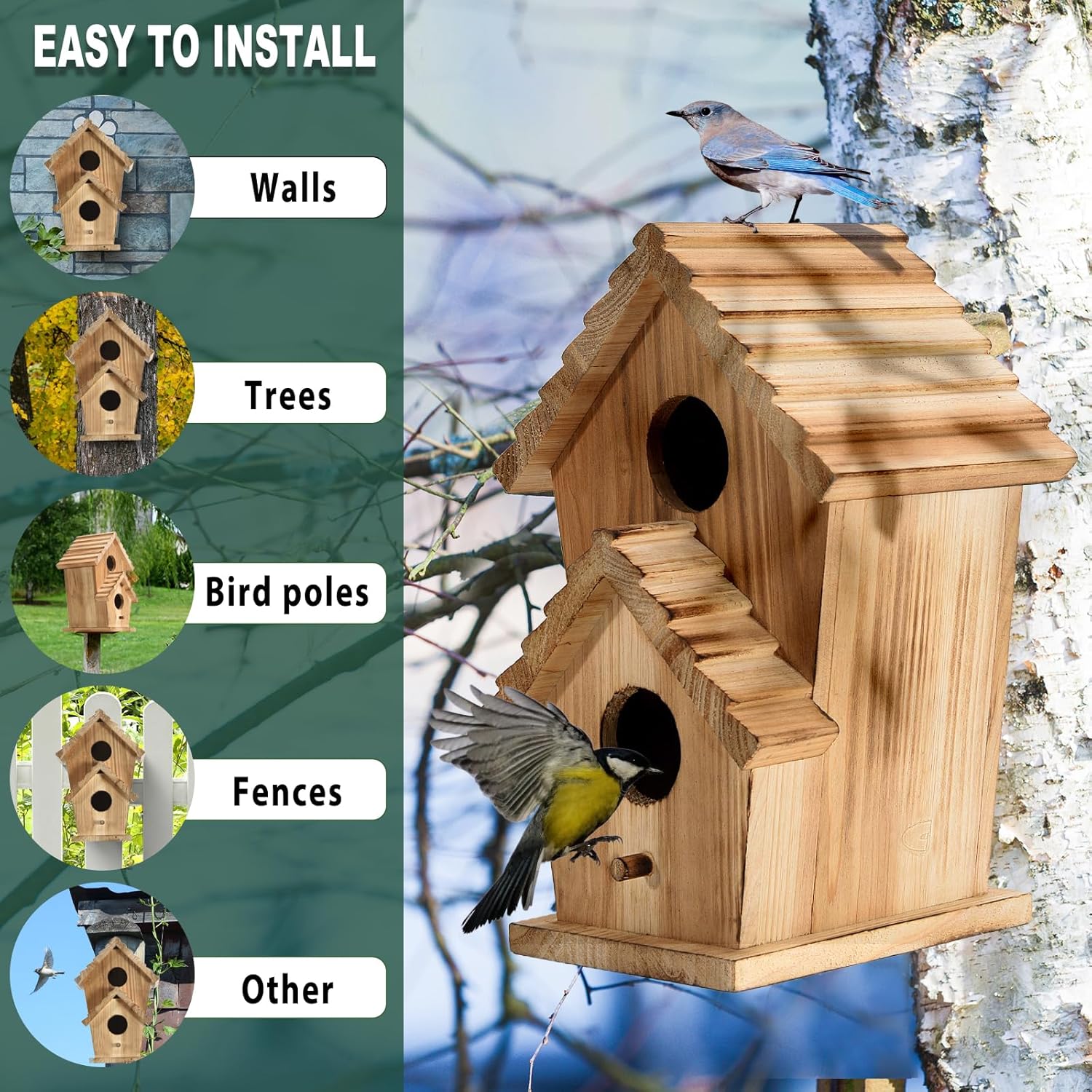 Bird Houses for Outside-2 Hole Wooden Outdoor Bird House,Wild Bird Box
