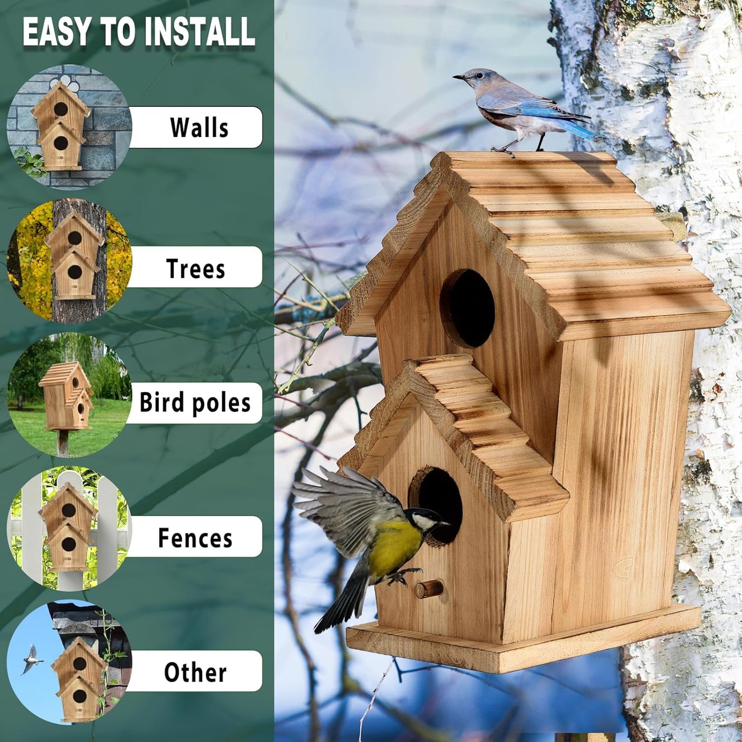 Bird Houses for Outside-2 Hole Wooden Outdoor Bird House,Wild Bird Box House,Nesting Box Birdhouse,Garden Bird Roosting