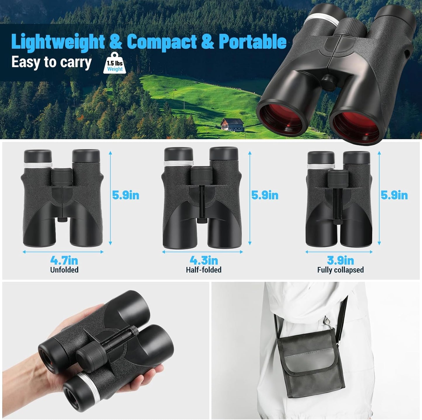 10x42 HD Binoculars for Adults High Powered - Large View Lightweight Compact Binocular with BAK4 Prism FMC Lens Carrying Bag - IPX7 Waterproof Binoculars for Bird Watching Hunting Travel