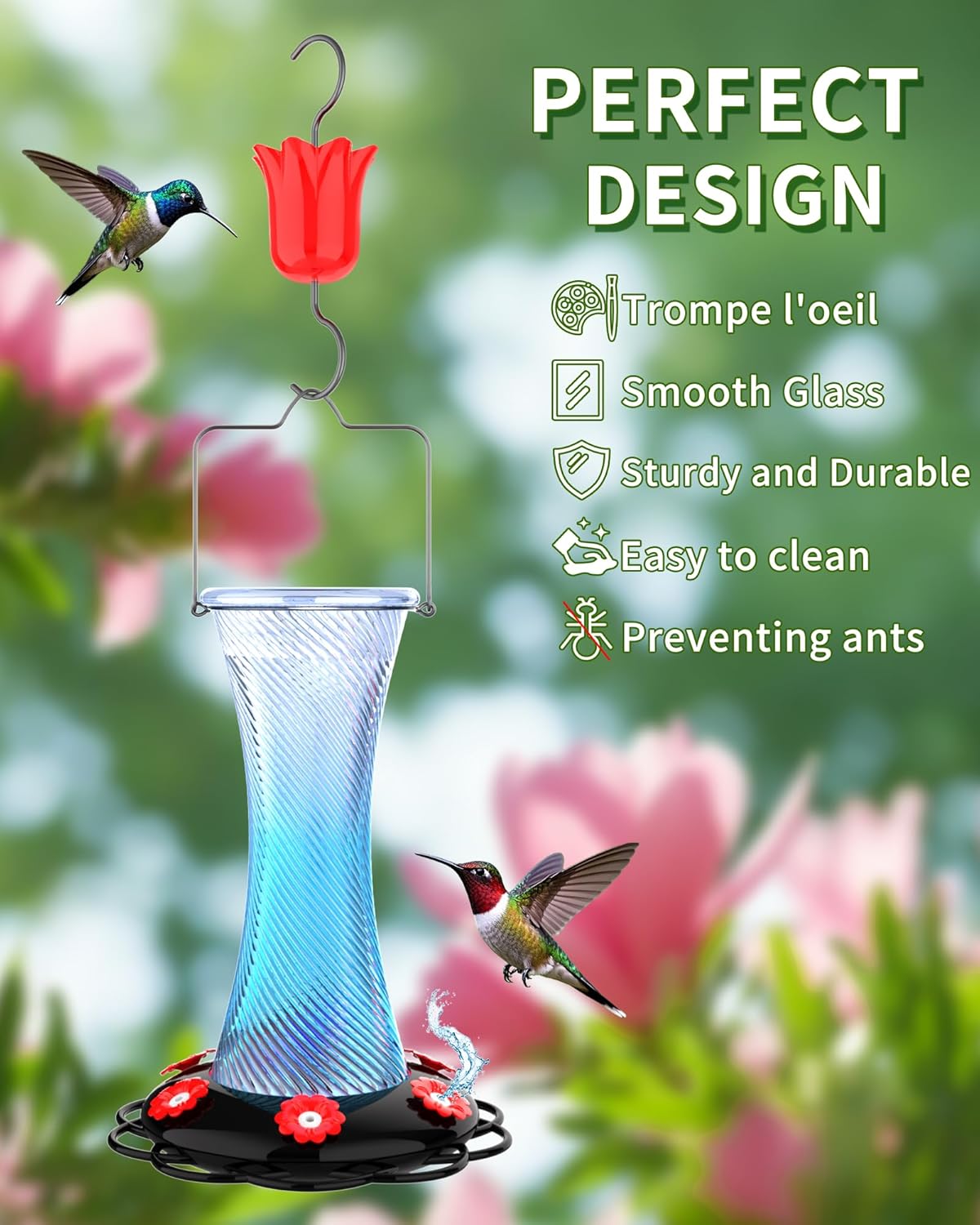 Hanging 20oz Glass Hummingbird Feeder with Moat, Small Outdoor Plastic