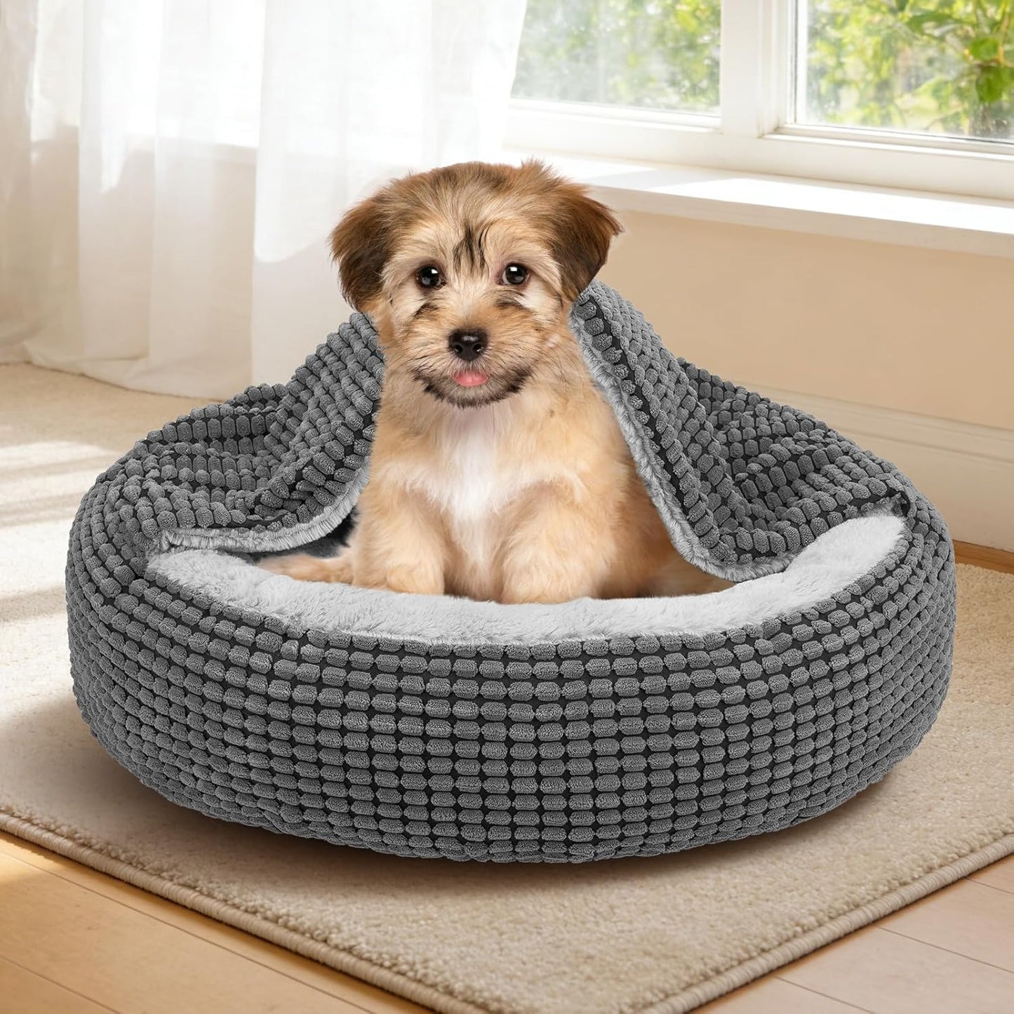 SIWA MARY Small Dog Bed with Attached Blanket, Cozy Donut Cuddler Anti