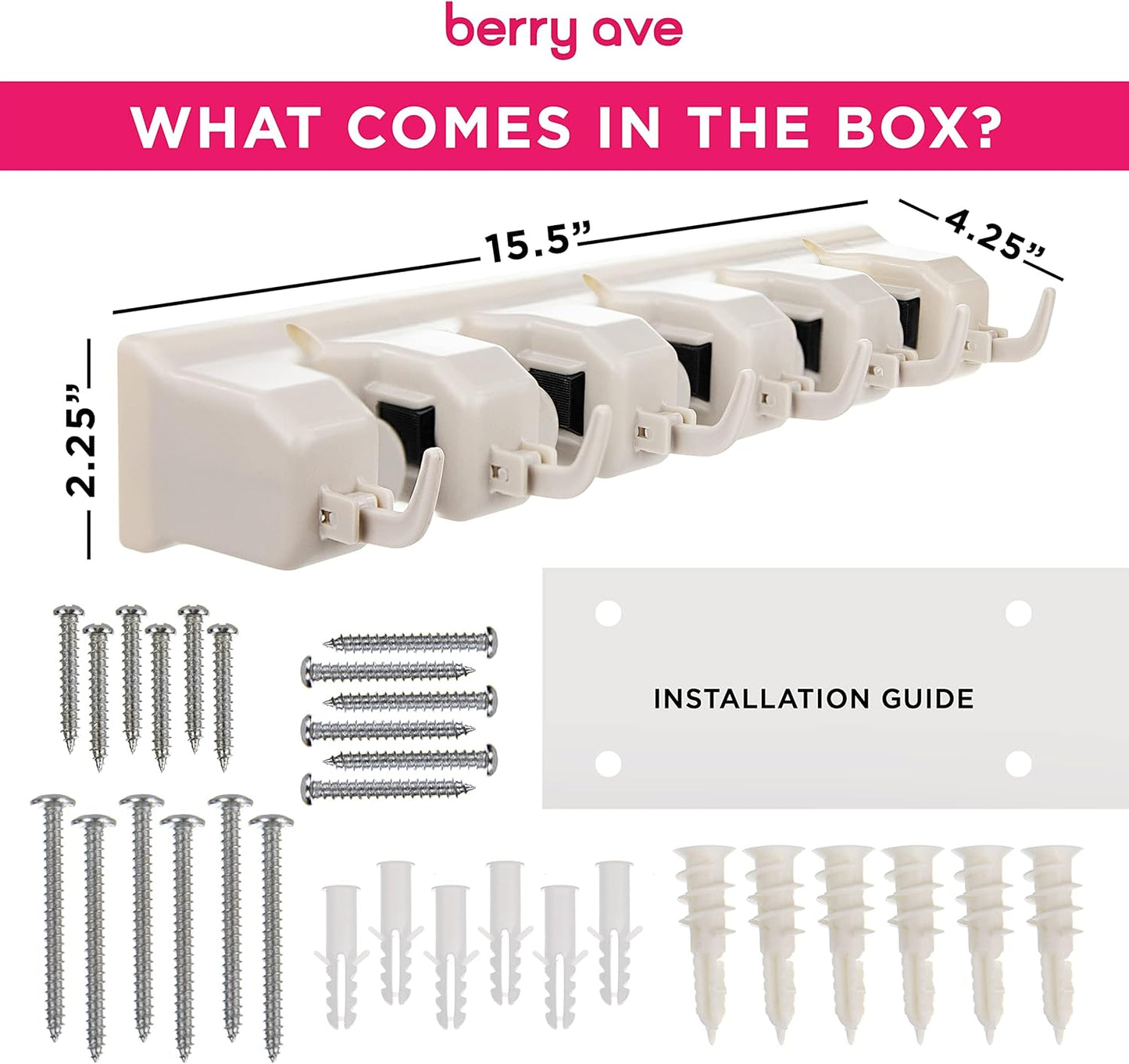 Broom Holder Wall Mount and Garden Tool Organizer, Closet Storage, Kitchen Rack, Home Organization and Garage Organizer for Rake or Mop Handles Up to 1.25-Inches, Hanger Plus 6 Hooks (BEIGE, 1 PACK)