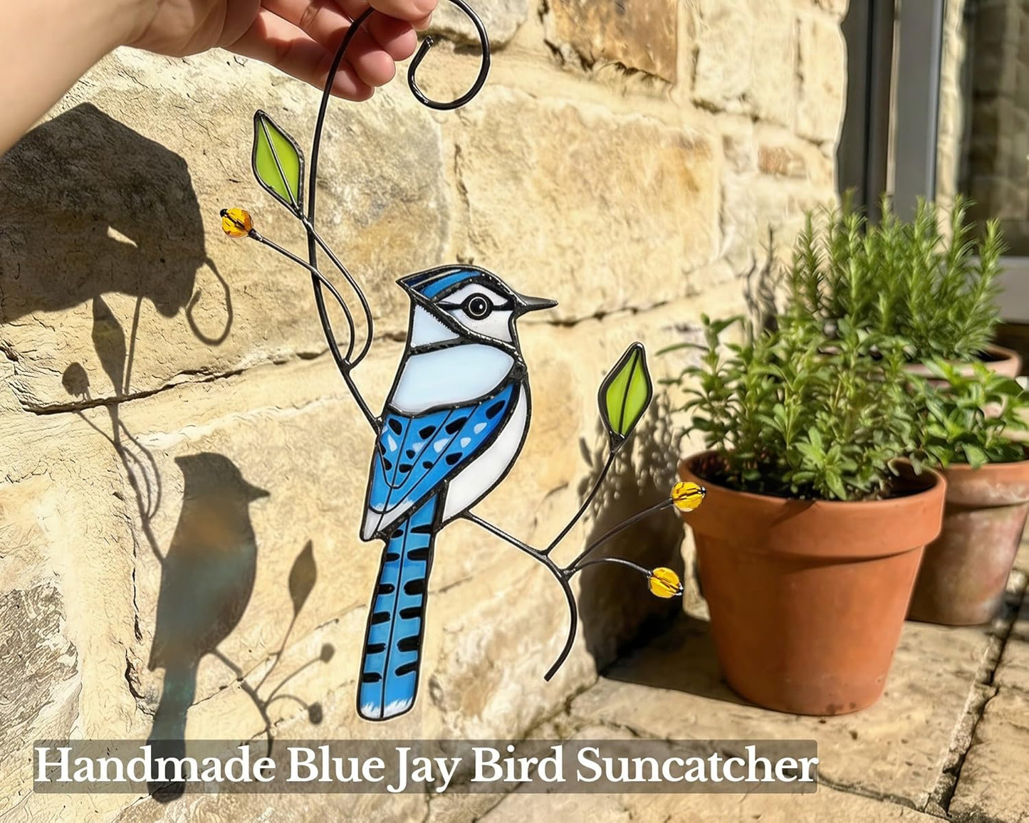 Blue Jay Stained Glass Bird Suncatcher for Mom, Grandma, Women - Real Glass Window Hanging Ornament - Handmade Bird Lover Home Decor (Gifts Ready Packaging)