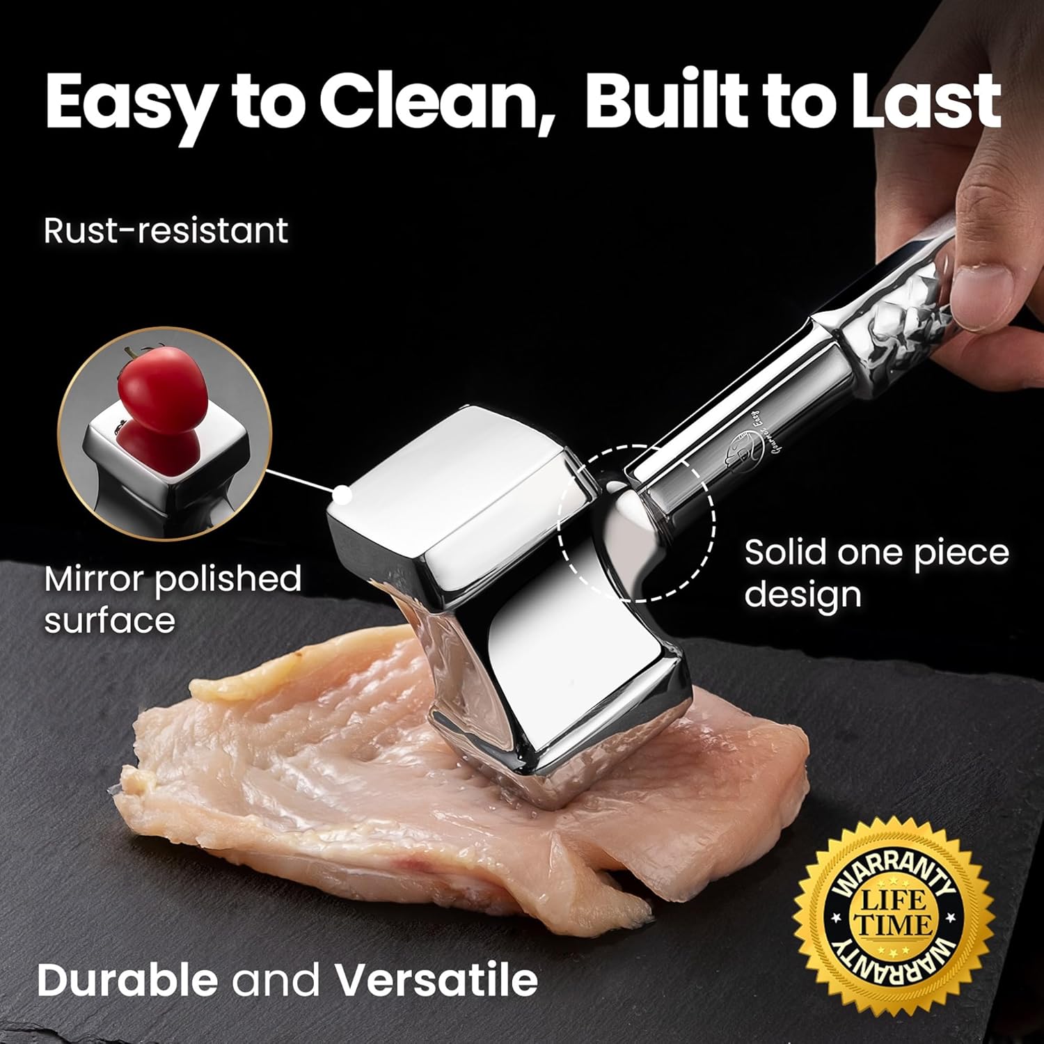 Stainless Steel Meat Tenderizer Tool, Premium Meat Mallet with Non-Sli