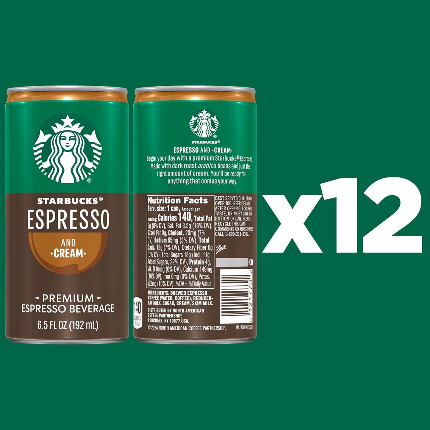 Starbucks Ready to Drink Coffee, Espresso & Cream Light, 6.5oz Cans (12 Pack)