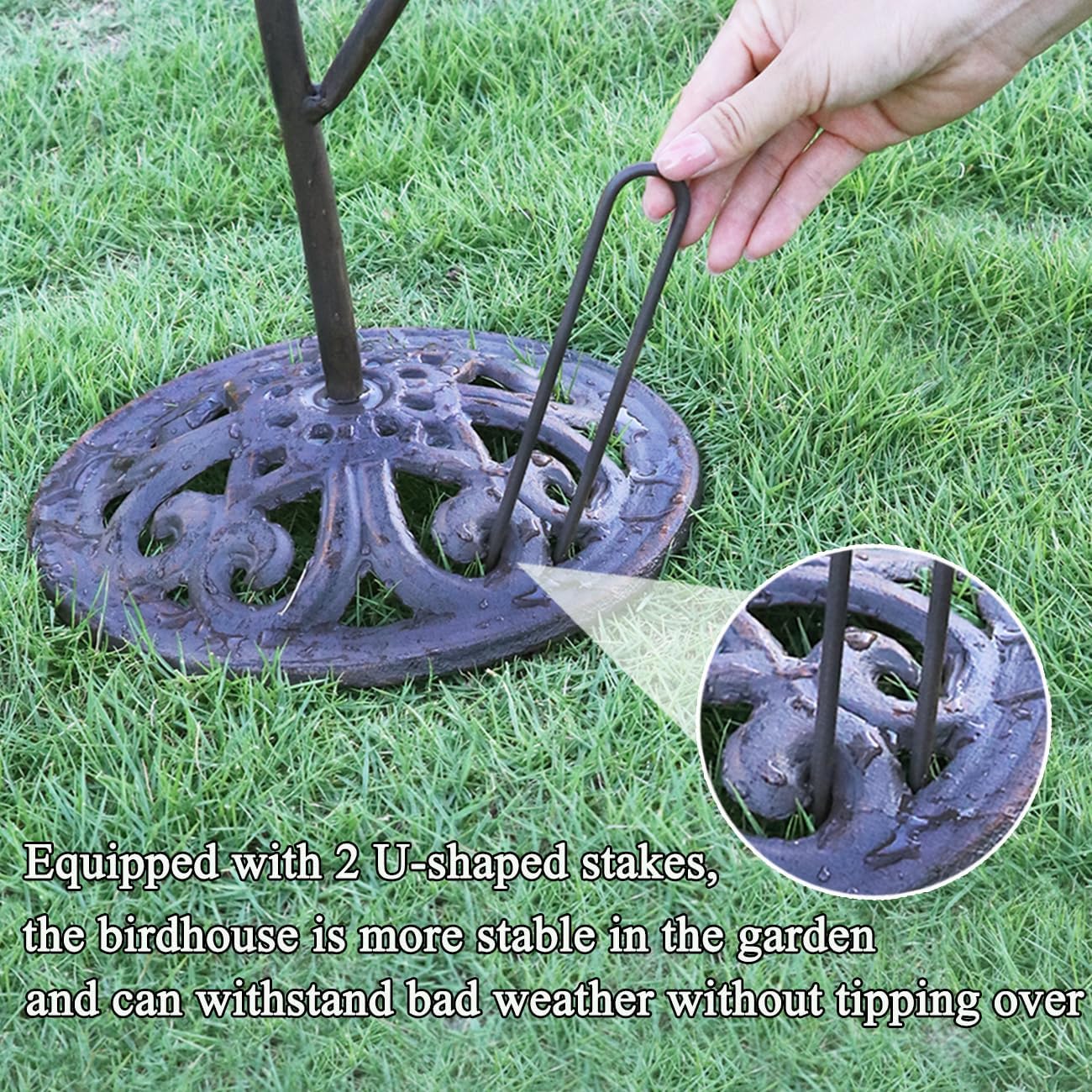 Metal Birdhouse Outdoor, Birdhouse Pole – Integrates Bird Feeder and Bird Bath, 3-in-1 Multi-Functional for Yard Decorations Outdoor, Cast Iron Base
