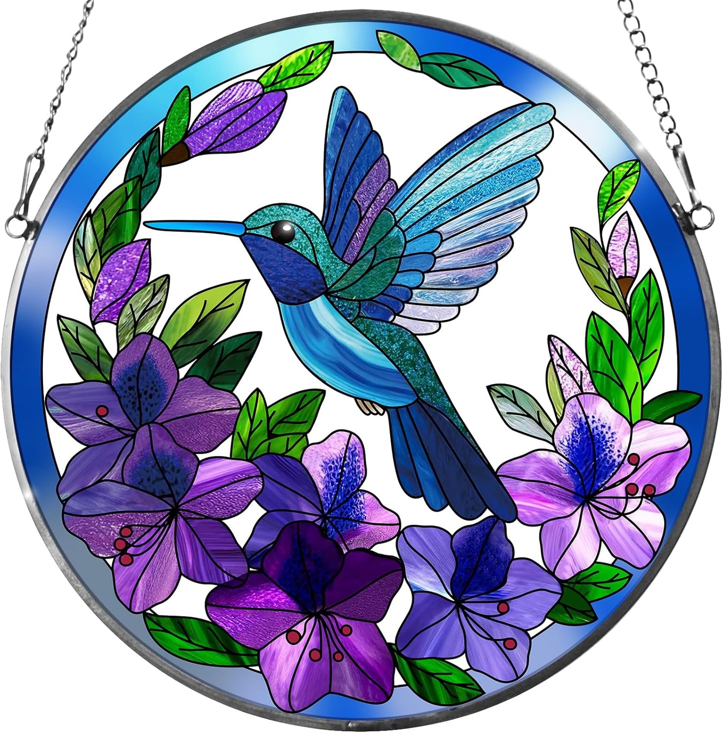 Stained Glass Sun Cather for Window Hanging, Hummingbird Suncatcher with Purple Flowers for Indoor Ornament, Bird Stain Glass Home Decor for Women, Mom, Grandma