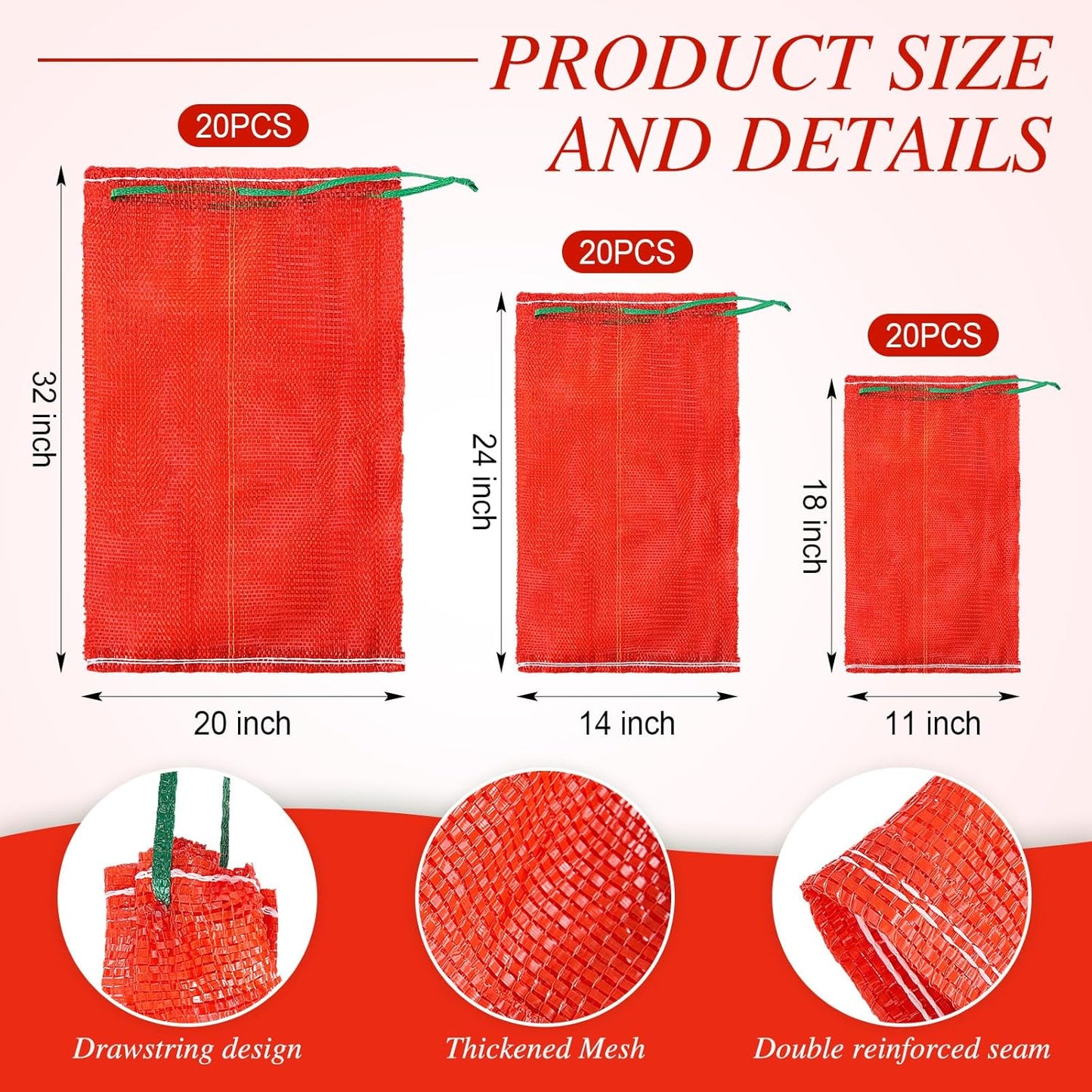 SATINIOR 60 Pcs Mesh Onion Bags Onion Vegetable Storage Bags 32'' x 20'', 24'' x 14', ' 18'' x 11'' Fresh Produce Storage Bags Garden Vegetable Fruit Produce Storage Supplies