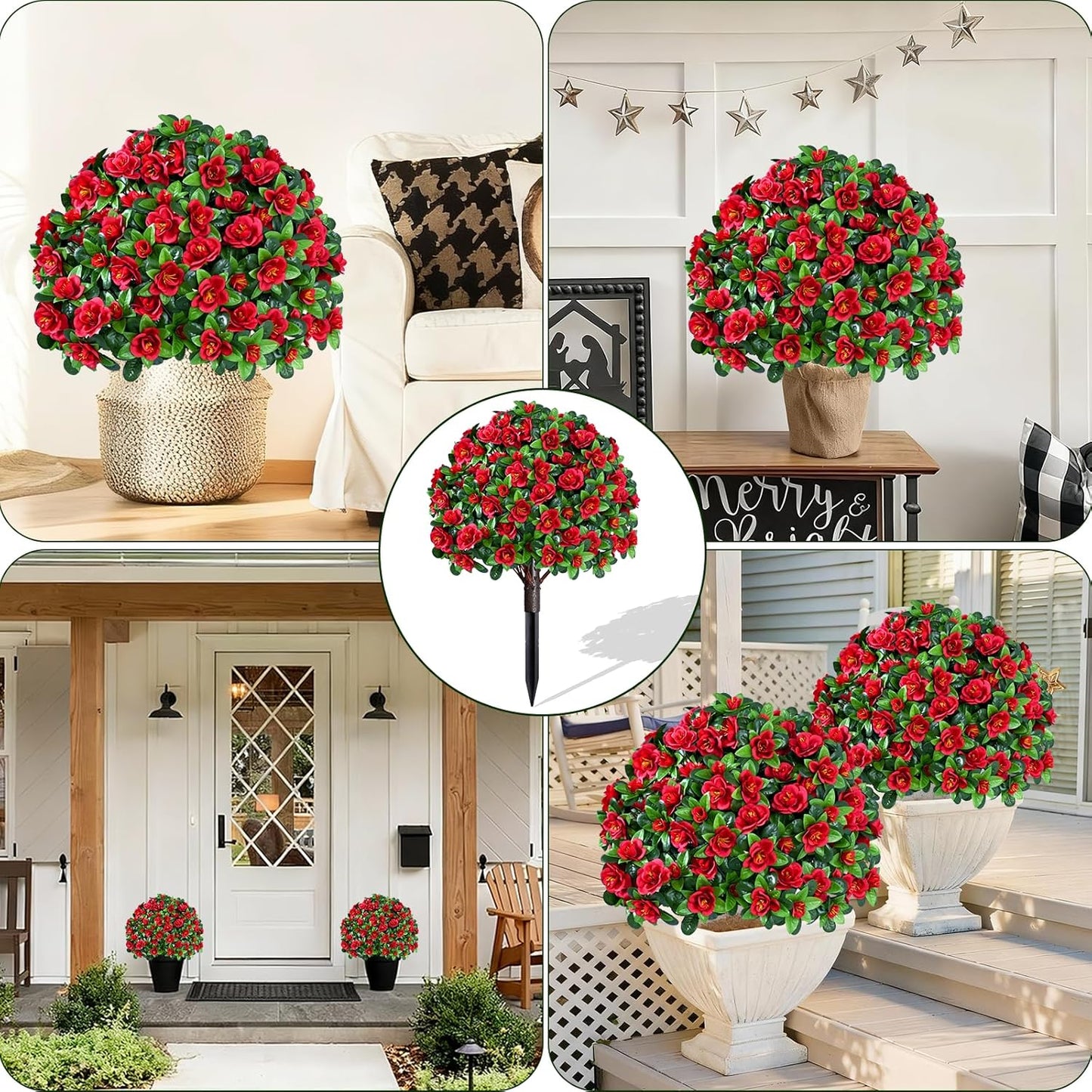 Waipfaru 2 Pack Artificial Flowers Topiary Ball Trees for Outdoors, 24" Fake Bushes Plants, UV Resistant Faux Shrubs with Ground Spike for Front Porch Planters Patio Garden Yard Decor(Red)