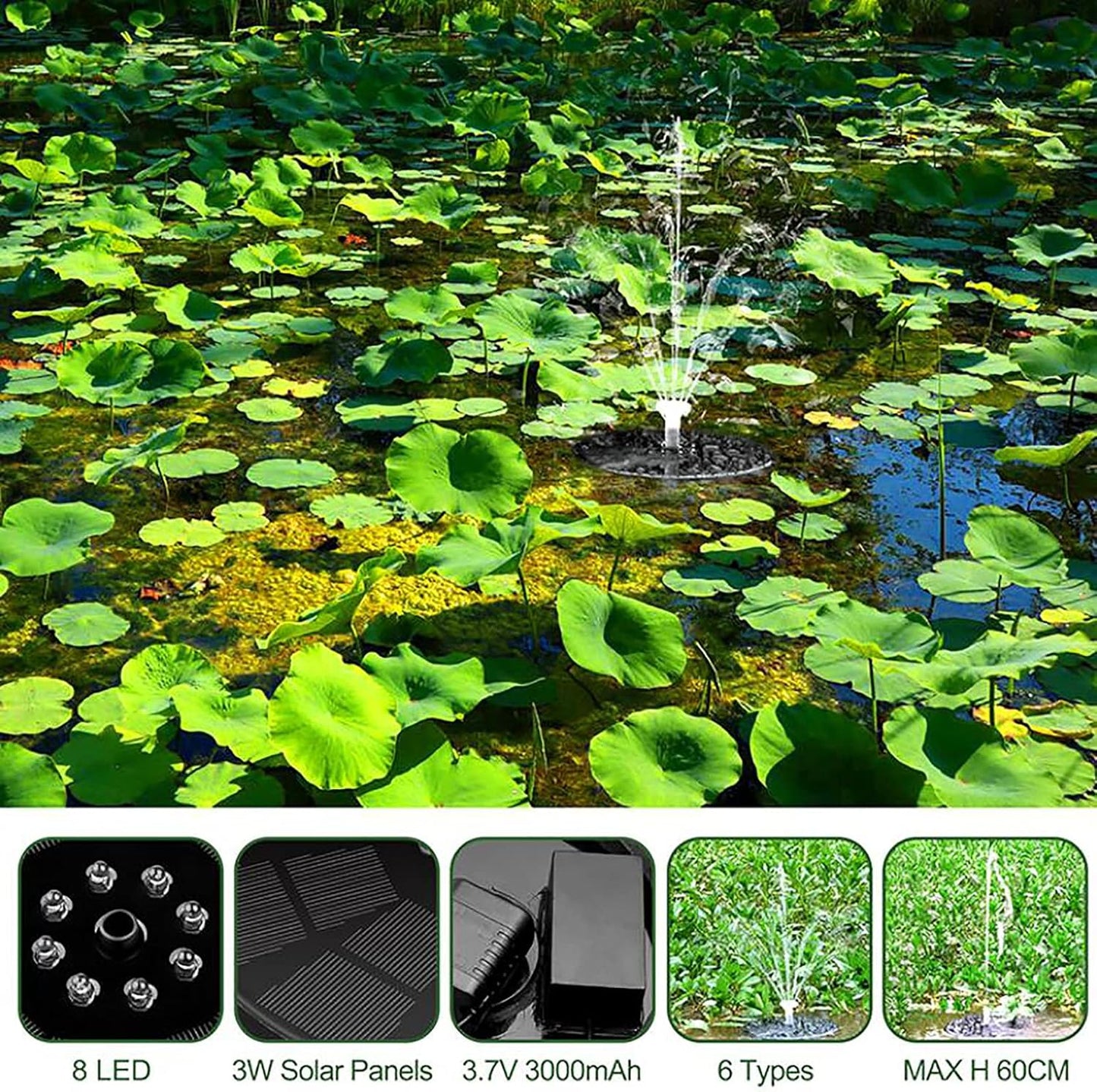 Solar Fountain Pump for Bird Bath 3W Solar Water Fountain Floating Solar Pond Pump with 8 LED Lights 6 Nozzles Free Standing Solar Fountain for Garden Fish Tank Pool Outdoor-3d 18cm(7inch)