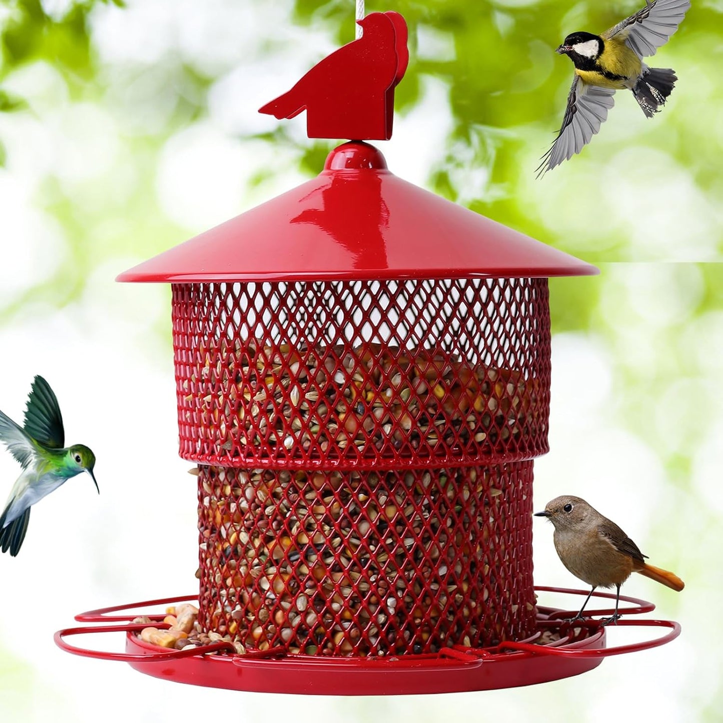 Metal Bird Feeder for Outside Hanging, Bird Feeders Squirrel Proof, 4 Lbs Large Capacity Iron Tube Mesh Wild Birdfeeder for Outdoor Finch Cardinal Chickadees Blue Jay -Red