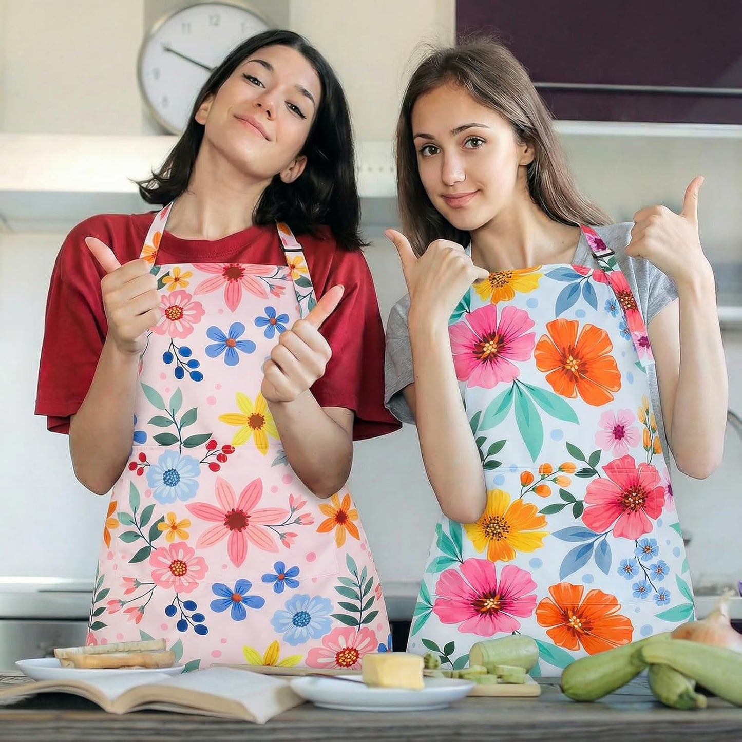 2 Pack Floral Apron for Women with Pockets, Adjustable Kitchen Chef Ap