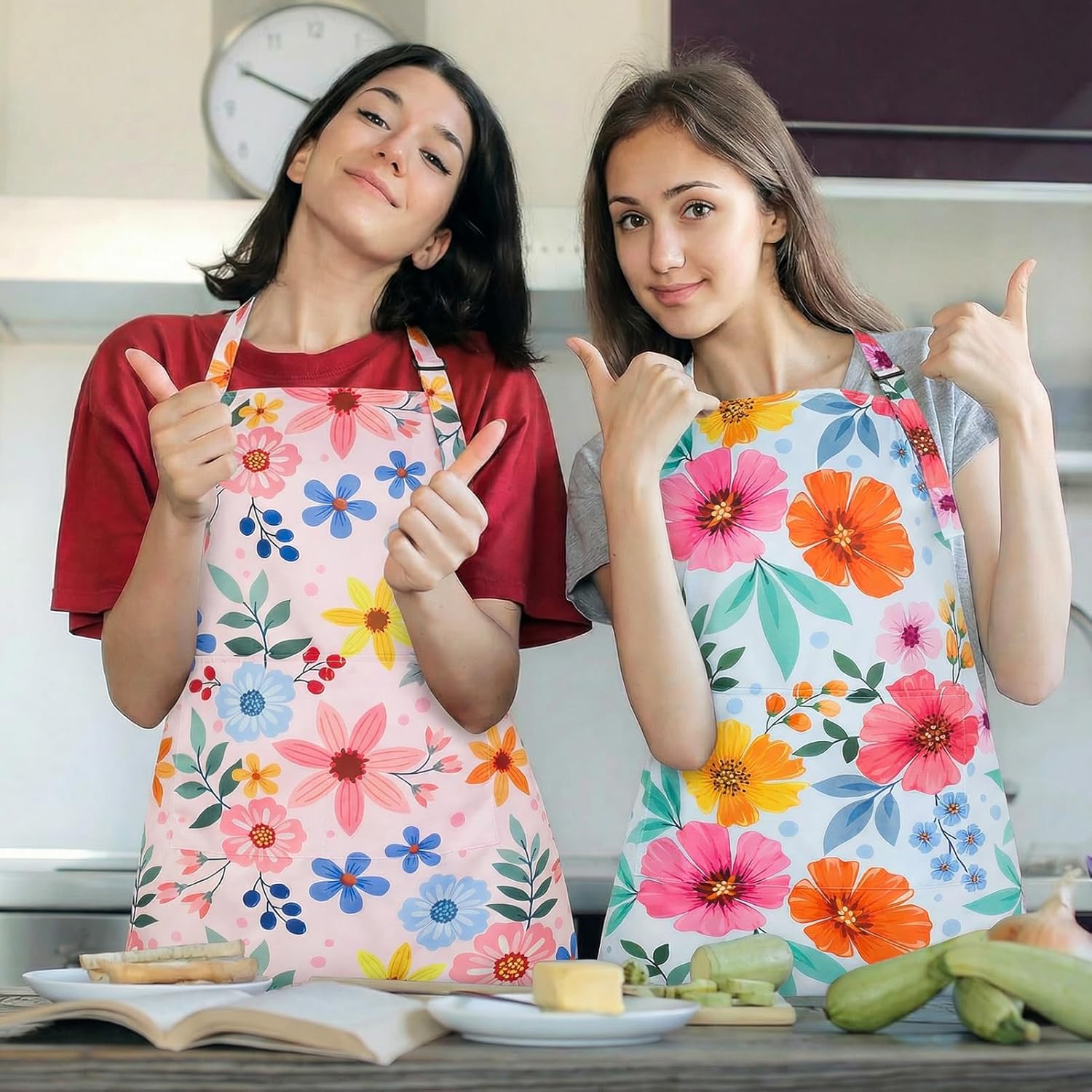 2 Pack Floral Apron for Women with Pockets, Adjustable Kitchen Chef Ap