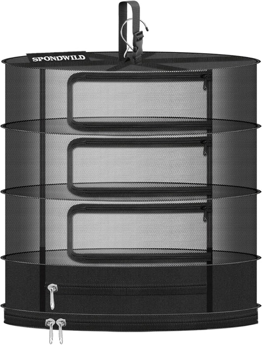 Herb Drying Rack Hanging Mesh, Medium 4 Layer Plant Drying Rack with Door Type Zipper and Closed Storage Compartment for Folding Basket Dryer Fit in Grow Tents, Garden Outdoor
