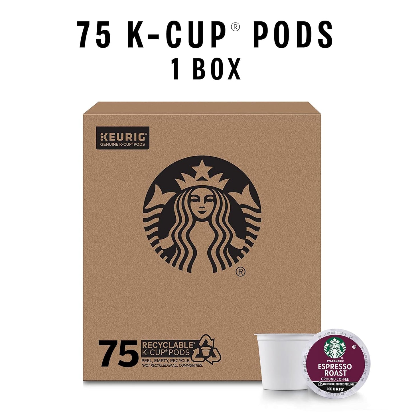Starbucks K-Cup Coffee Pods, Dark Roast Coffee, Espresso Roast for Keurig Coffee Makers, 100% Arabica, 1 Box (75 Pods)
