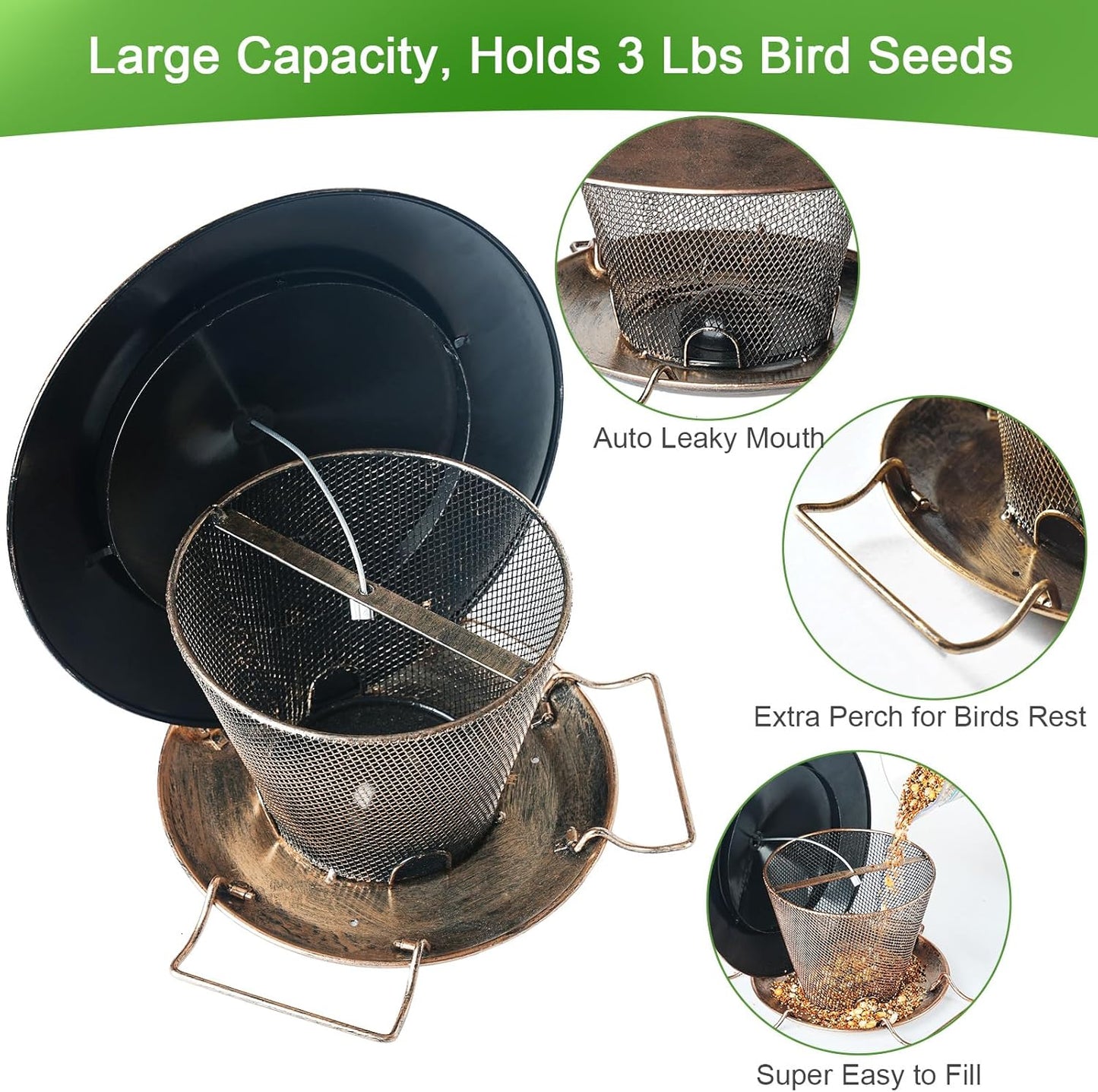 Bird Feeder for Outdoor, Rainproof Weatherproof Metal Hanging Wild Bird Feeder with 9.8" Roof 3 LBs Seeds Capacity, Easy to Clean & Refill