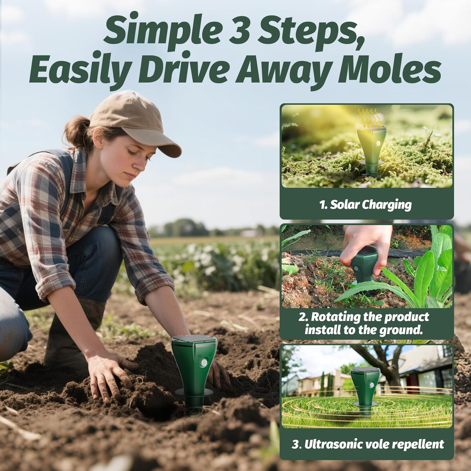 8 Packs Mole Repeller for Lawns, Solar Powered Vole Repellent Ultrason