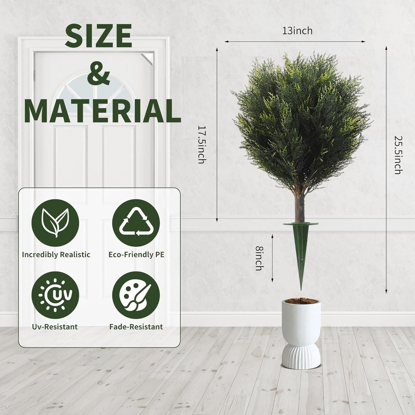 Artificial Plants Outdoor Cedar Topiary Set of 2 with Spikes, Fake Shrubs Cypress Greenery, Uv Resistant Faux Bush Pine for Planters Front Doors Porch Decor