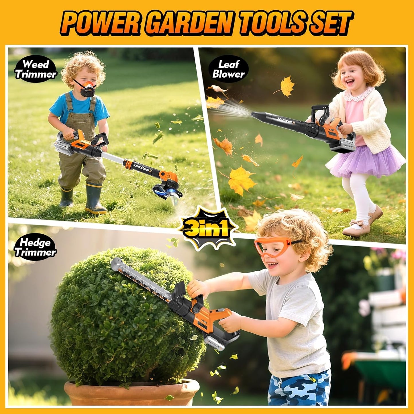 3-IN-1 Kids Garden Tools with Lights and Sounds, Weed Wacker Toy, Leaf
