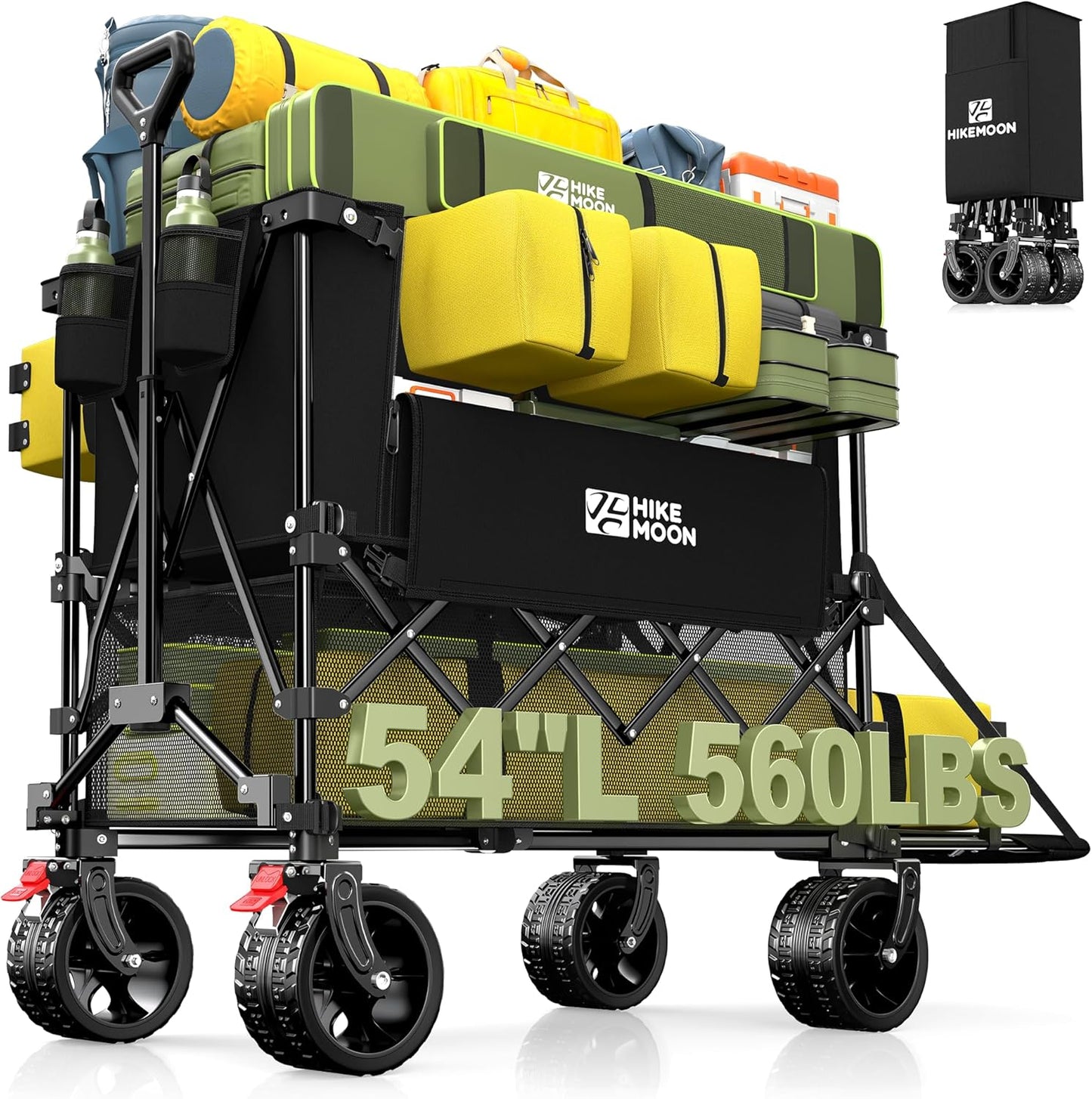 400L Double Decker Wagon with Tailgate 54'' Extra Long, 560LBS Heavy Duty Wagons Carts Foldable, Big All-Terrain Wheels with Brakes, Utility Folding Cart for Beach, Camping, Sports, Black