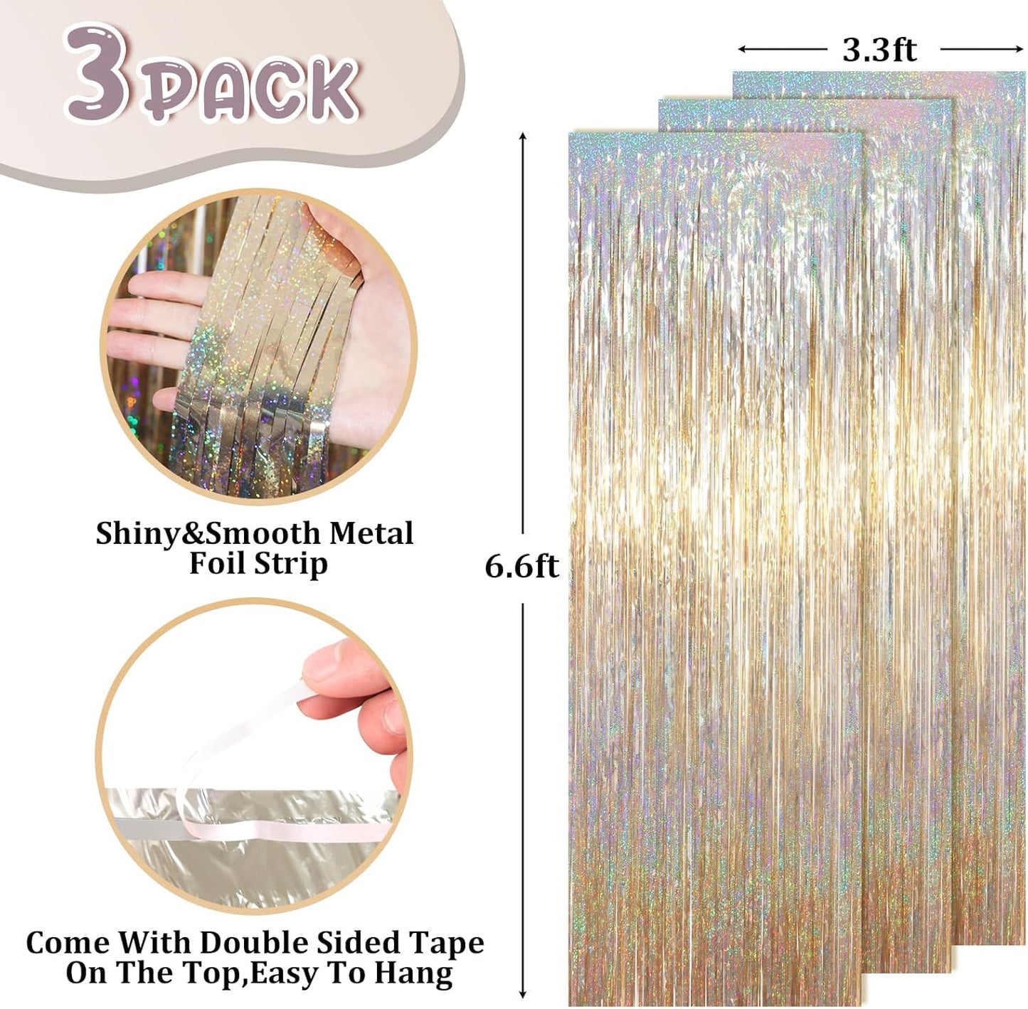3.3 x 6.6 ft Foil Fringe Backdrop Curtains, Tinsel Streamers Party Decorations, Fringe Backdrop for Birthday, Baby Shower, Gender Reveal, Graduation (3, Champagne)