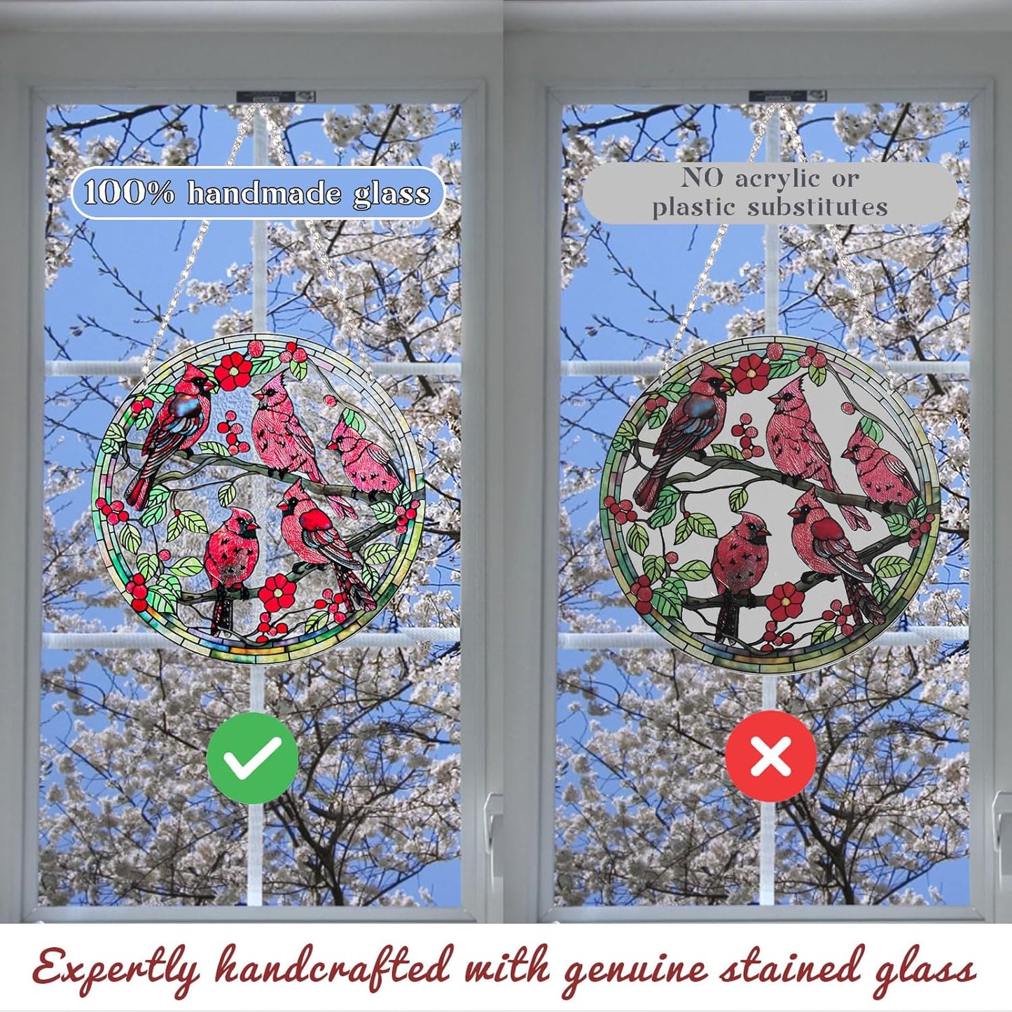 Stained Glass Window Hanging – Red Cardinal Birds Suncatcher, 6-Inch R