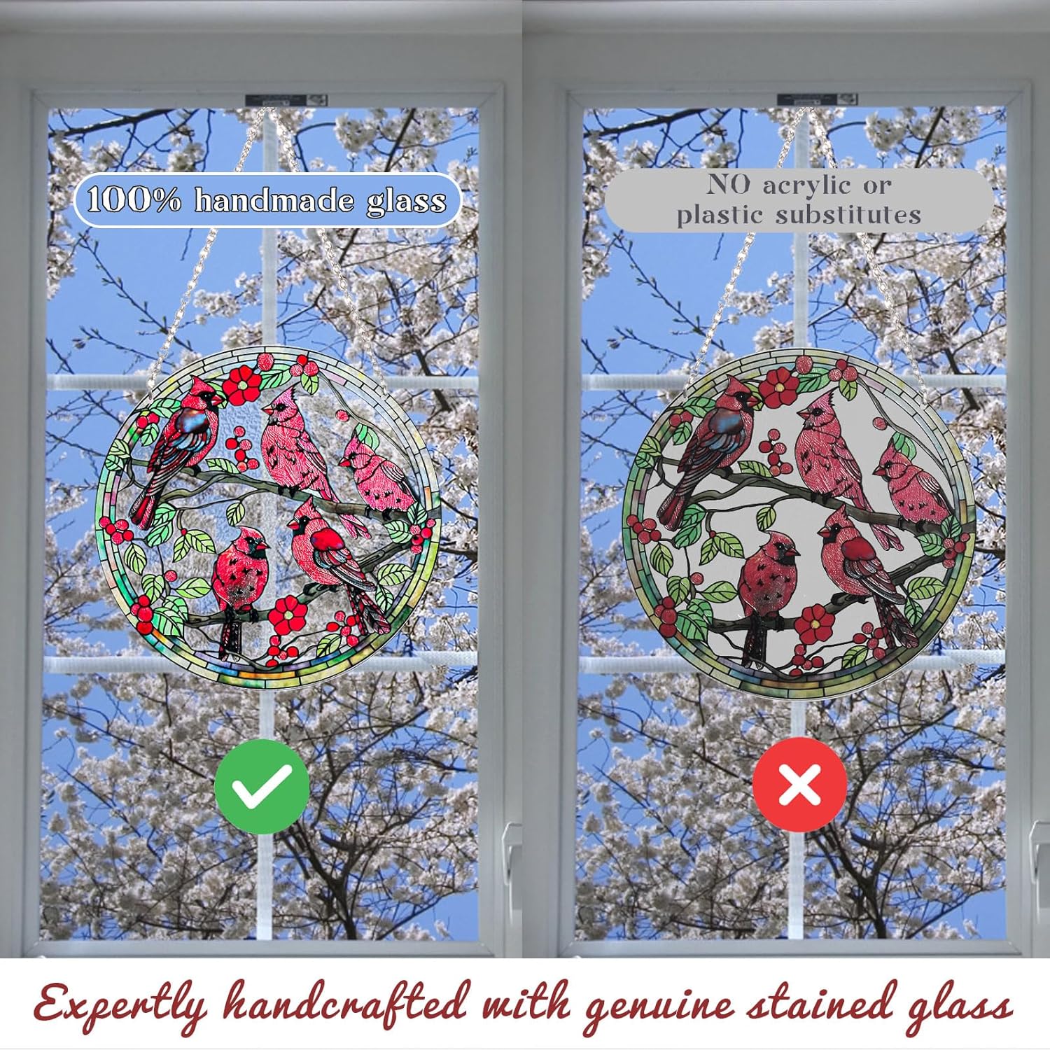 Stained Glass Window Hanging – Red Cardinal Birds Suncatcher, 6-Inch R