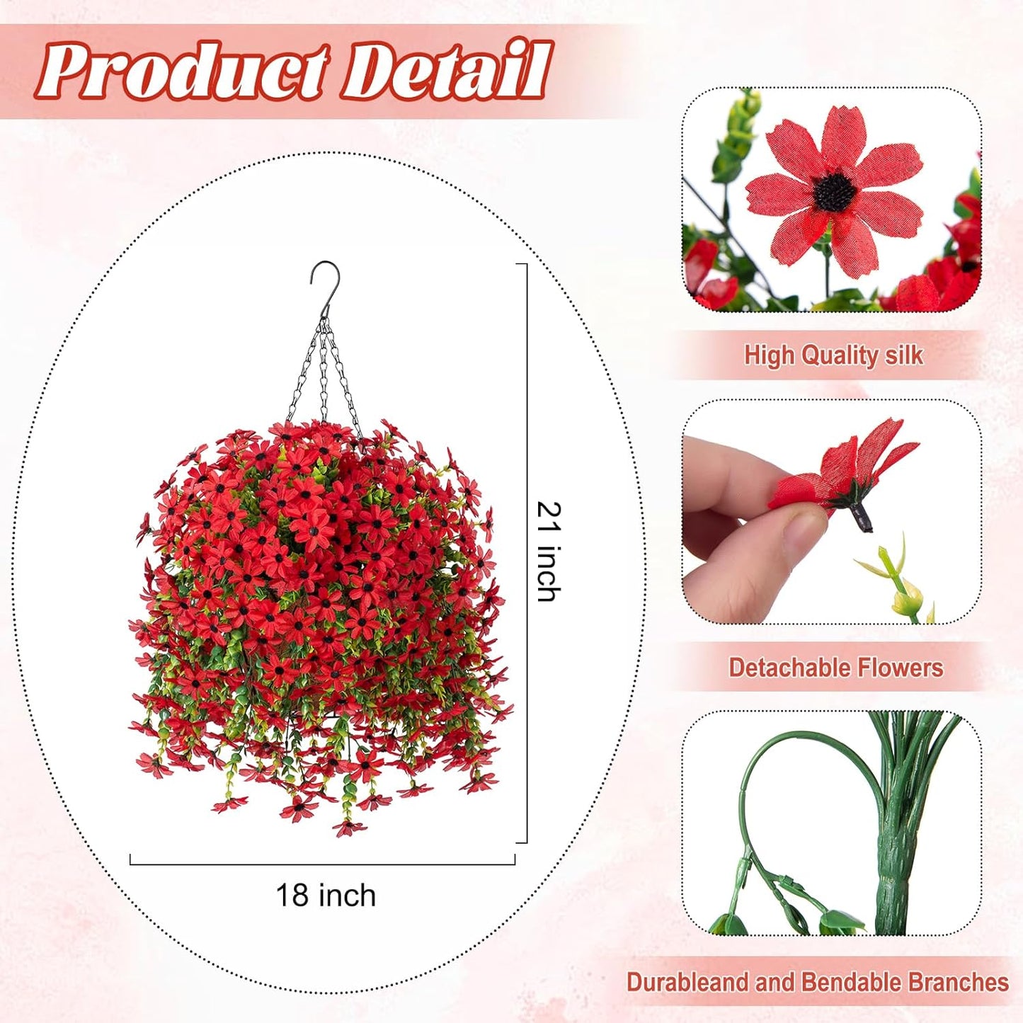 Artificial Fake Spring Summer Hanging Flowers Plants with Basket Outdoor Flower Decor, Faux Silk Colorful Daisy in Metal Coconut Lining Pot Plastic Decor Farmhouse Home Garden (Red)