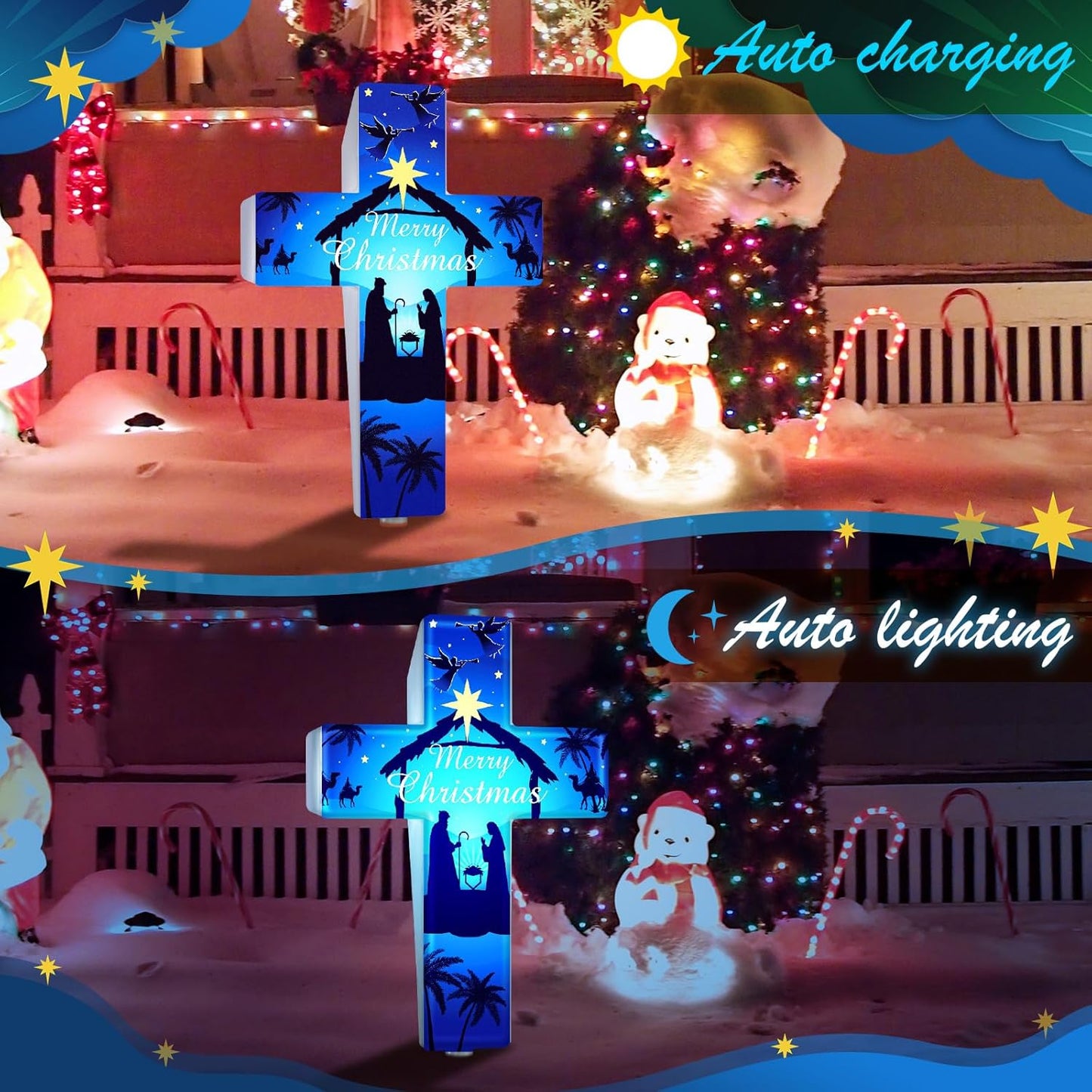 Yousoontic Outdoor Nativity Scene Solar Lighted Religious Christmas Garden Stake Nativity Scene Yard Decorations Solar Light up Holy Night Cross Stake Decor for Christmas Outside Patio Yard(Classic)