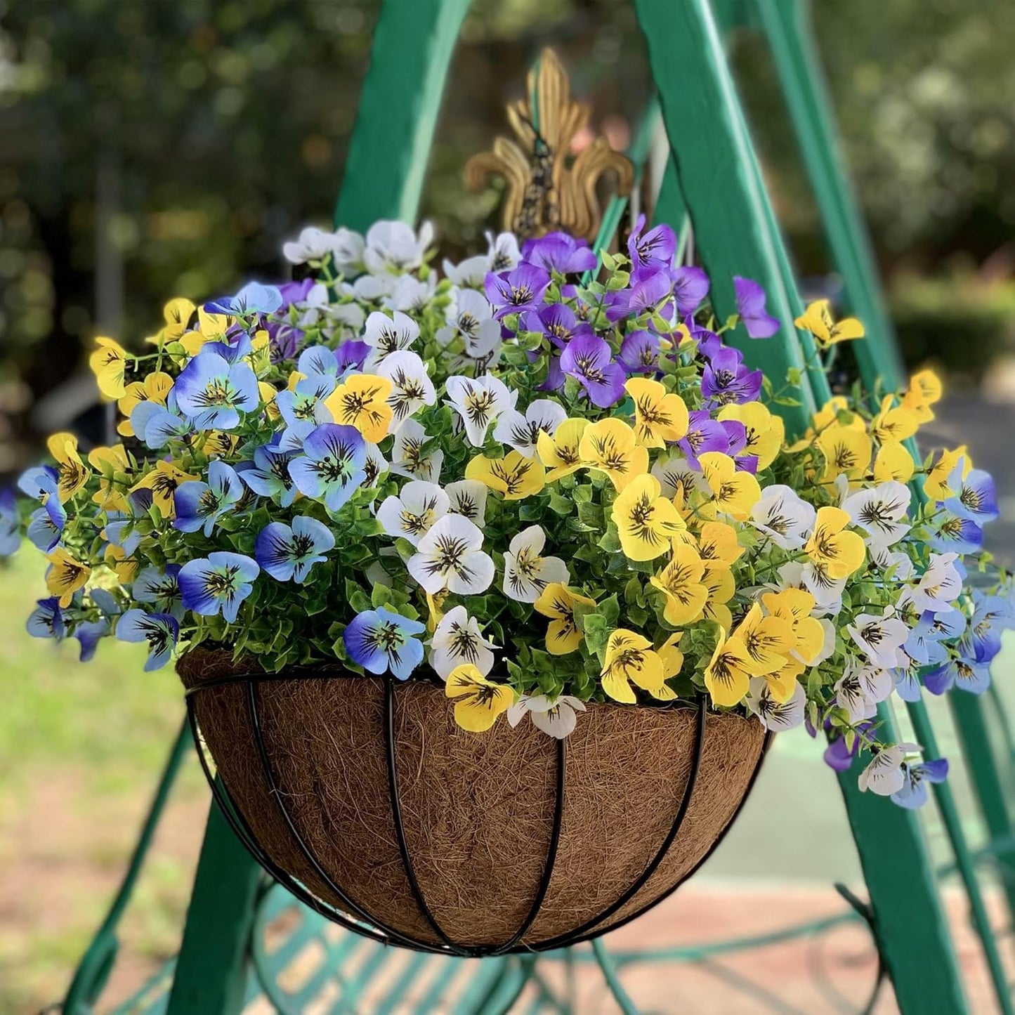 Artificial Faux Pansies Flowers Plants for Outdoor Decor, 12 Bundles Silk Pansy Fake Flowers UV Resistant for Outside Porch Garden Planters with Vibrant Colors
