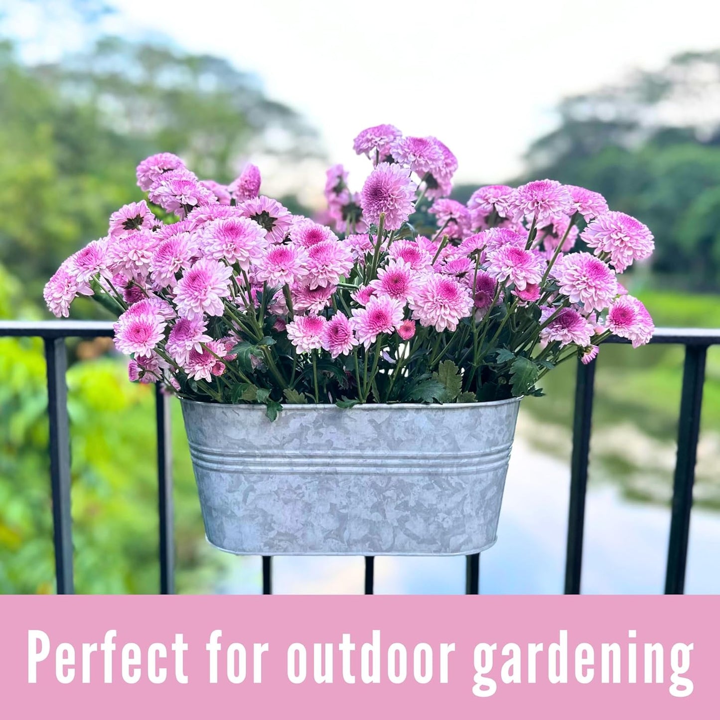 LaLaGreen Outdoor Rail Planter (11.2 Inch, 2 Pack) Silver Metal Iron Hanging Flower Pots Deck Railings Fence Buckets Modern Countryside Boho Style Wall Mount Window Box Plant Holder Hooks Porch Decor