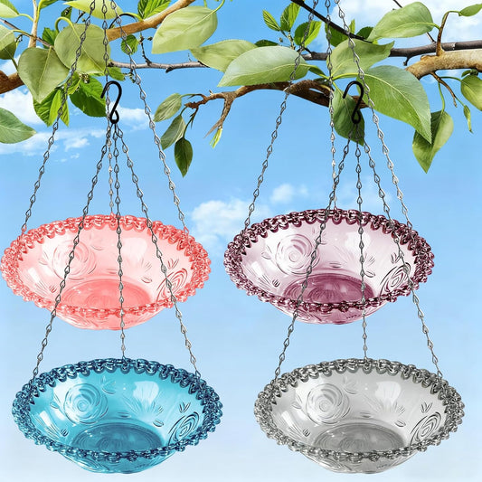 4 Pack Hanging Bird Baths Bowl Outdoor Bird Feeder 15.7 Inch Metal Chains, Weather-Resistant Hanging Bird Feeder & Bath Tray for Garden, Patio, Backyard Wildlife Decor