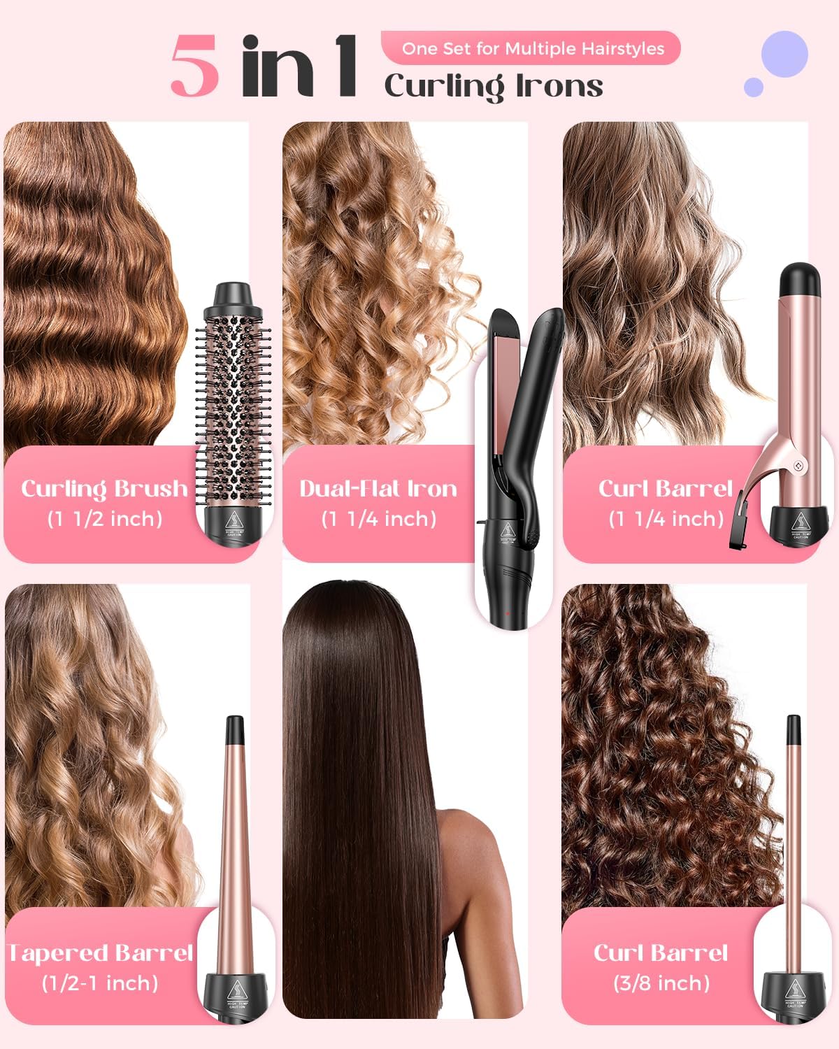 5 in 1 Curling Iron with Thermal Brush and 4 Interchangeable Ceramic B