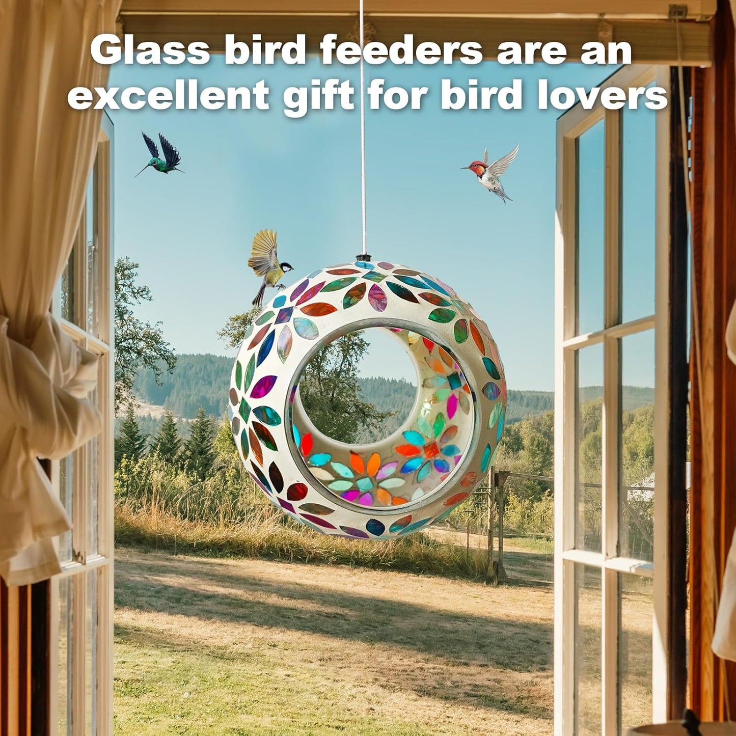 Mosaic Bird Feeder, Outside Hanging with Round Shape Glass BirdFeeders