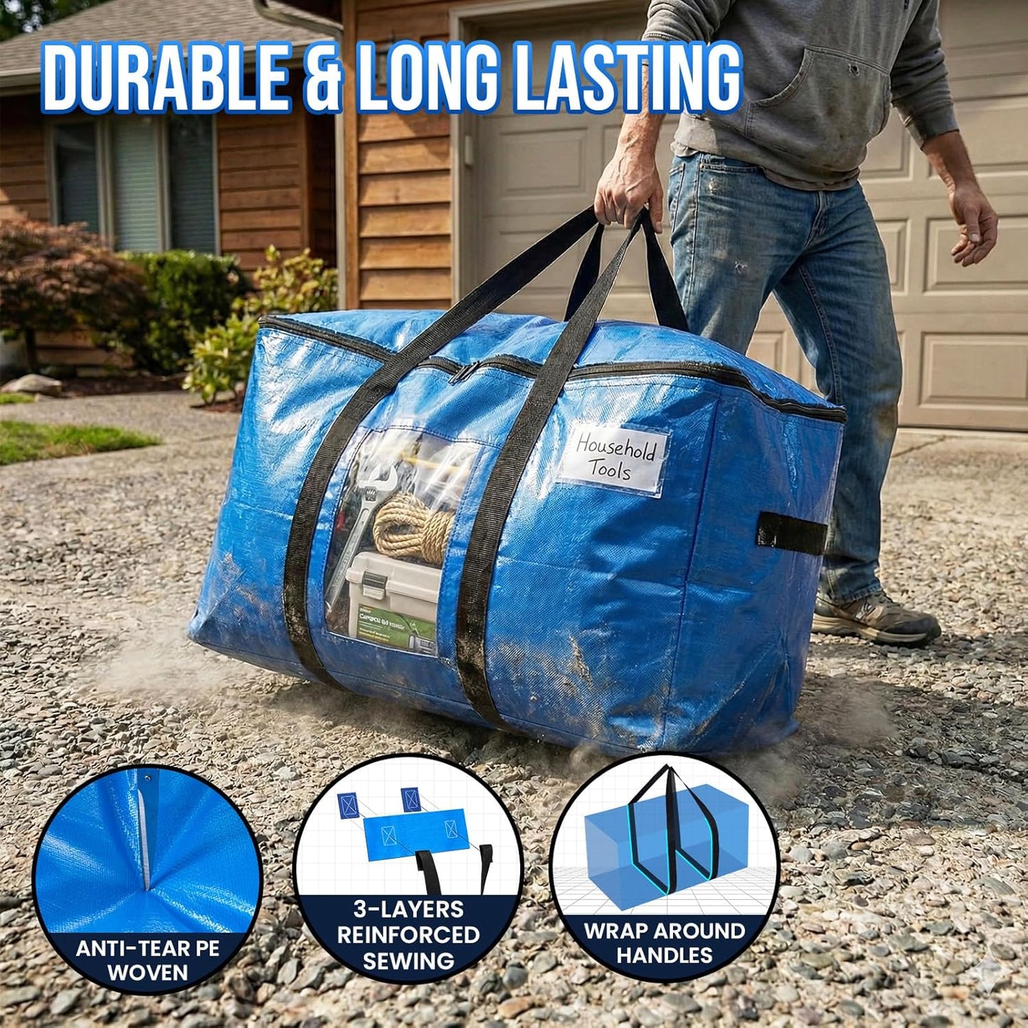 TAILI Extra Large Moving Bags, 4 Pack Blue Heavy Duty Totes For Storag