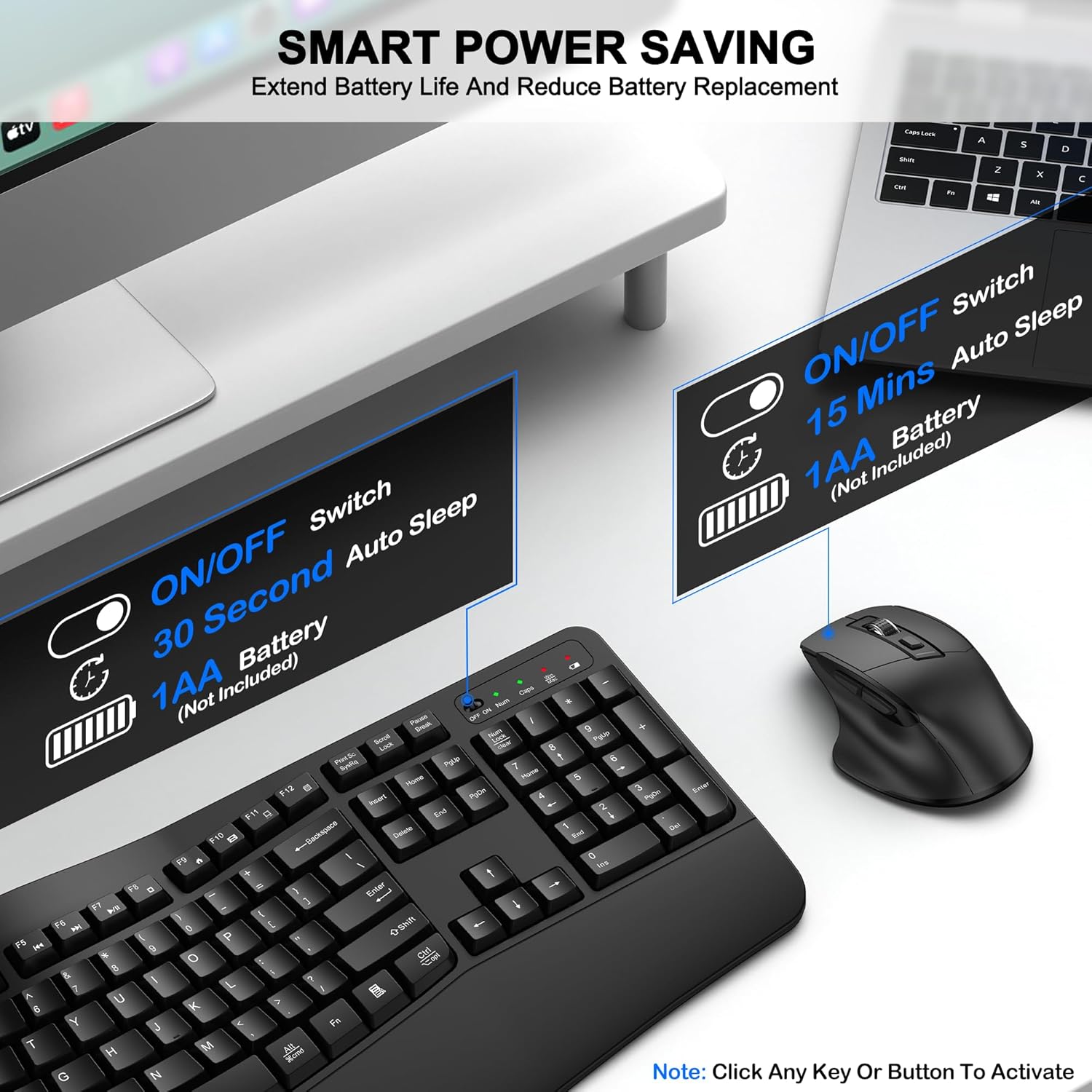 Wireless Keyboard and Mouse Combo, 2.4G Full Size Wave Keys Ergonomic 