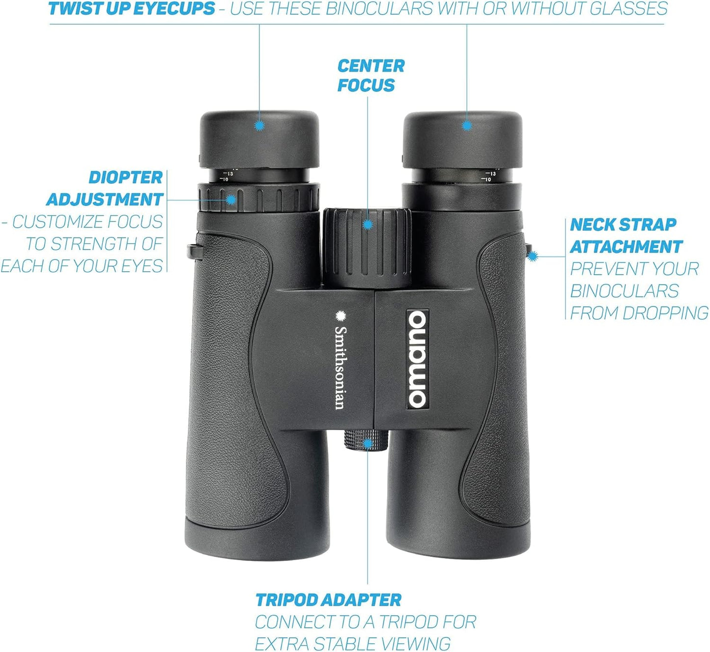 Smithsonian Adult Birding Binoculars - 10x42, Phone Adapter, Diopter Adjustable - Ideal for Hiking, Travel - Includes Bird Watching Guide