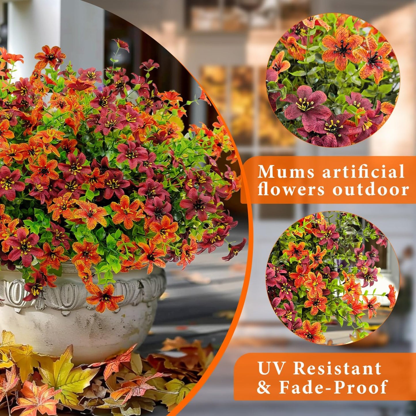 12 Bundles Faux Fall Flowers Artificial Mums for Outdoors Fake Plants UV Resistant for Planters Pots Garden Outside Front Porch Patio Hanging Basket Home Autumn Decoration (Orange+Brown)