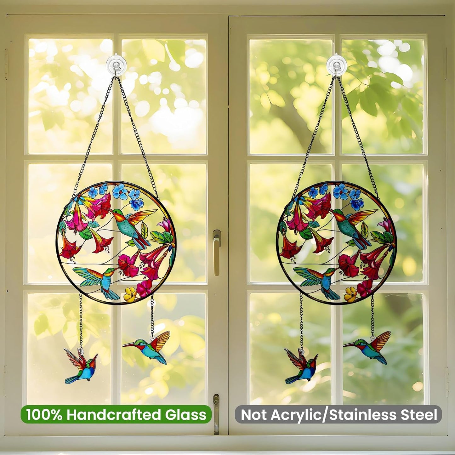 Stained Glass Suncatcher for Window, Marzovitra 8 inch Hummingbird Sun Catcher Hanging with Flowers & 2 Dangling Charms Real Glass Window Decor, Garden Hanging Art Gift for Women, Mom, Nature Lovers