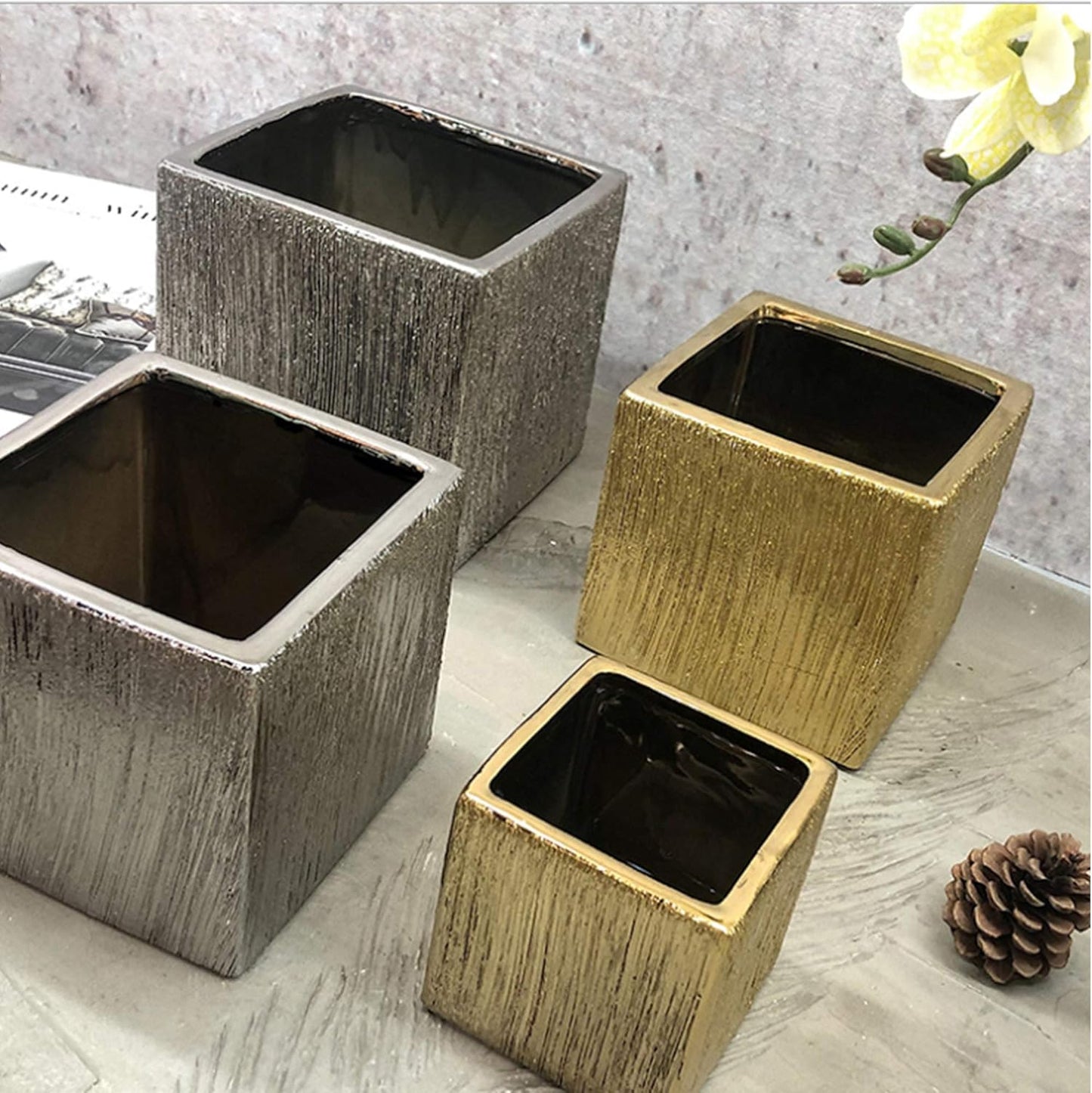 WGV Ceramic Cube Vase Width 4" Height 4" (Fits 3" Pot) Elegant Modern Block Square Floral Planter Terrarium Container Table Dresser for Event Accent Home Office Decor Gold Textured 1 Piece