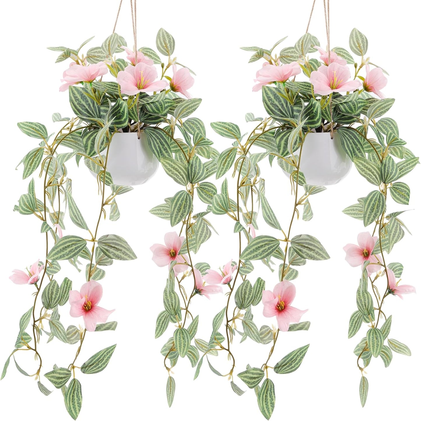 2 Packs Fake Hanging Plants Artificial Decor Small Hanging Plant Pot with Artificial Vines and Pink Flower Greenery Decoration Living Room Wall Home Wall Shelf Indoor Outdoor