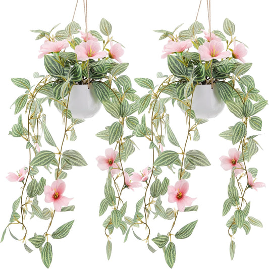 2 Packs Fake Hanging Plants Artificial Decor Small Hanging Plant Pot with Artificial Vines and Pink Flower Greenery Decoration Living Room Wall Home Wall Shelf Indoor Outdoor