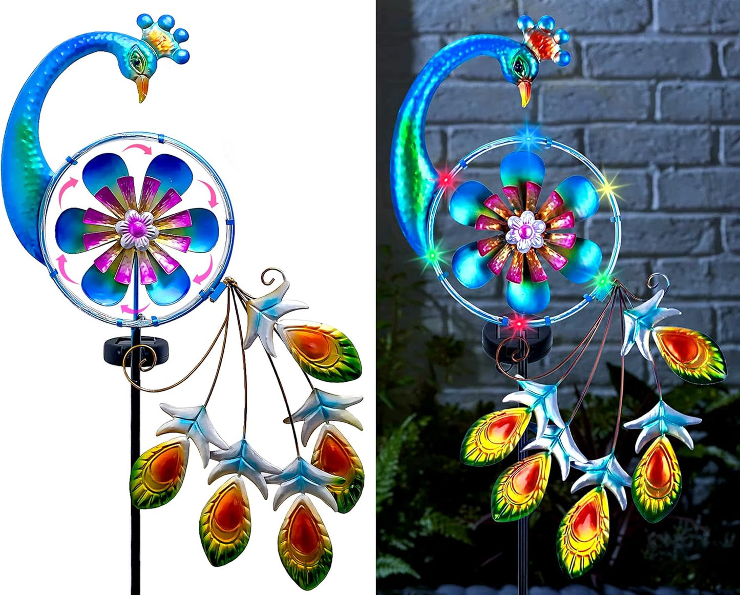 Wind Spinners Outdoor for Yard and Garden - Wind Sculptures & Spinners - 41 Inch Wind Spinner with Solar Powered Multi-Color Light for Yard Garden Backyard Lawn Peacock Decorations