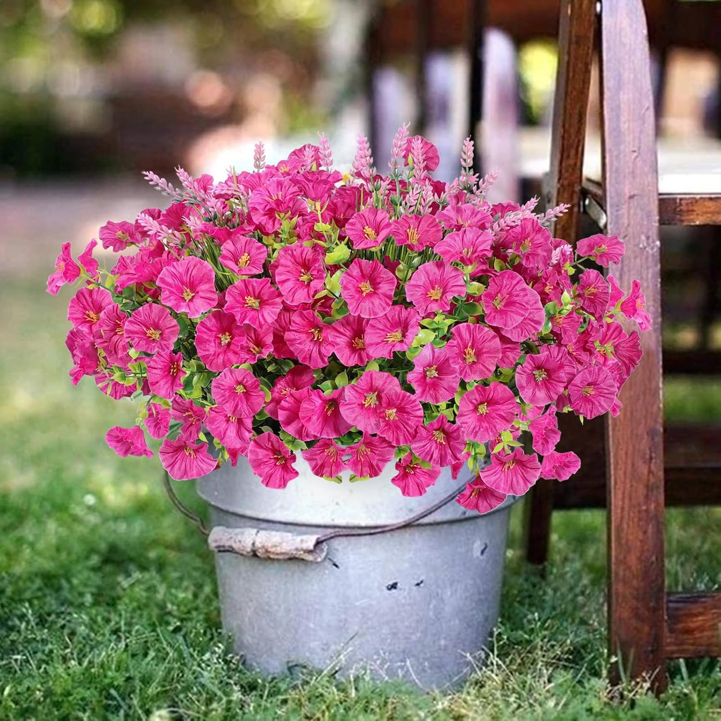 Artificial Fake Plants Flowers for Outdoor ,12 Bundles Faux Morning Glory Lavender UV Resistant Look Real Silk Flowers for Planter Pot Home Front Door Porch Patio Yard Spring Summer Decoration,Pink
