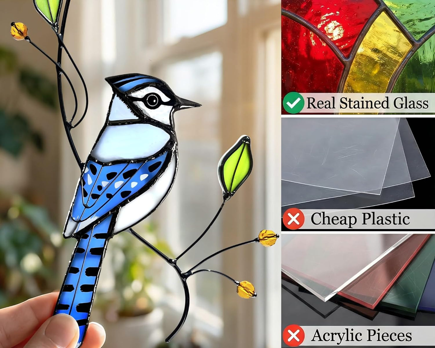 Blue Jay Stained Glass Bird Suncatcher for Mom, Grandma, Women - Real Glass Window Hanging Ornament - Handmade Bird Lover Home Decor (Gifts Ready Packaging)